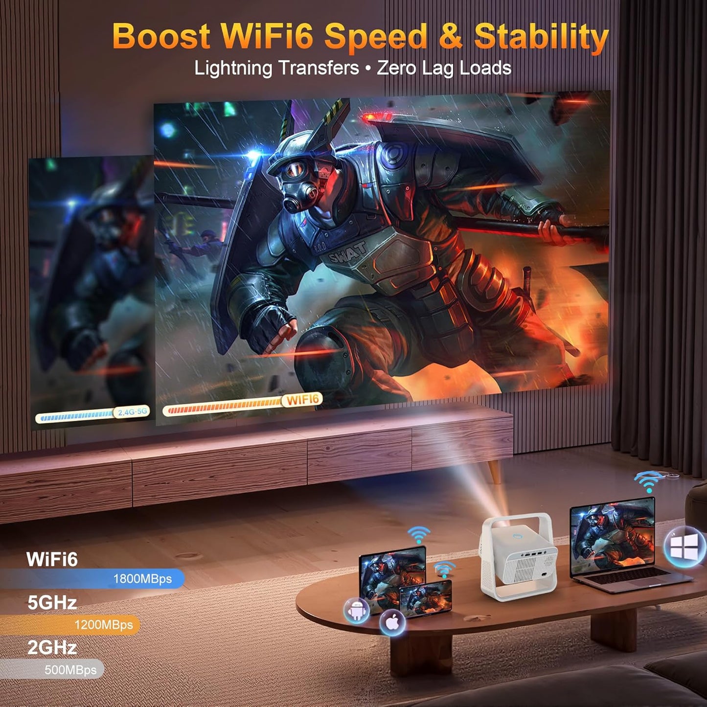 Smart Projector with WiFi and Bluetooth, Built-in Apps, Electric Focus & Auto Keystone Portable Outdoor Projecor, Native 1080P Projector 4K Support, Movie Projector for Home Theater (White)