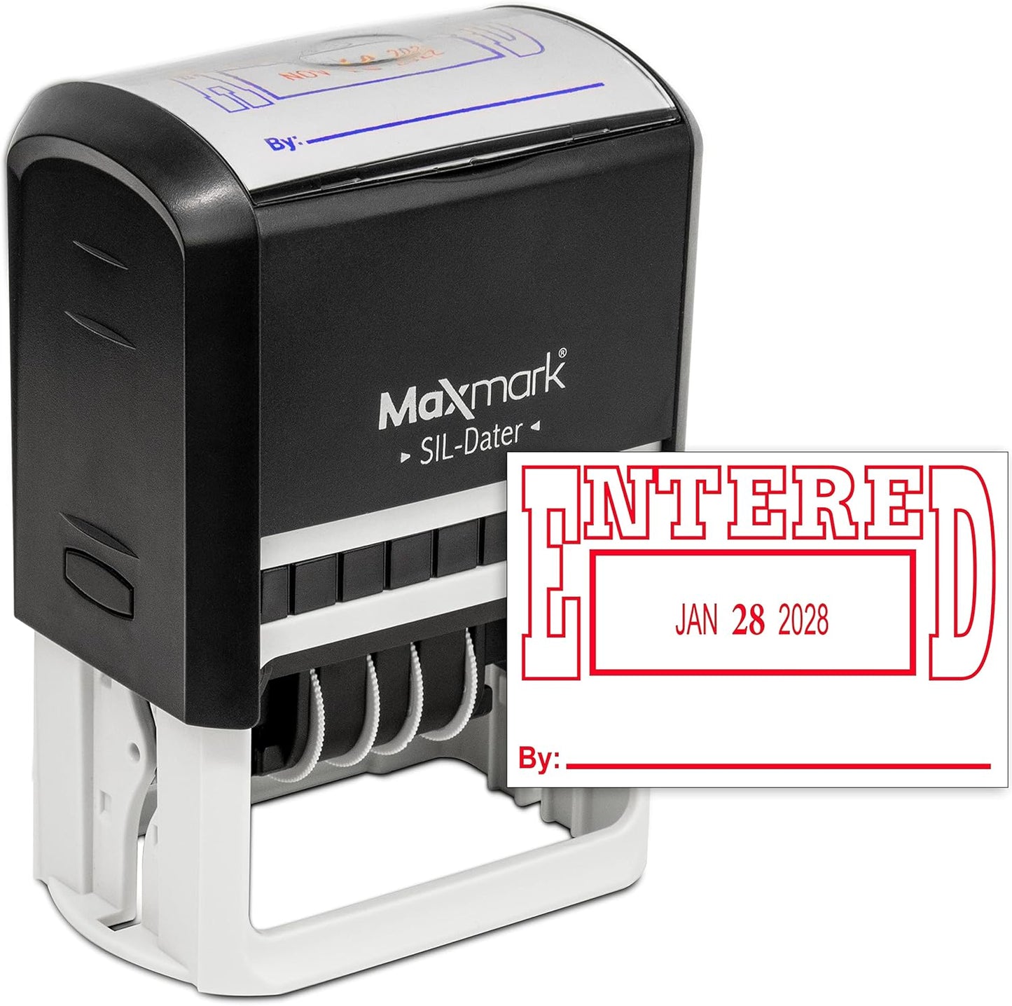 MaxMark Large Self-Inking Rubber Date Office Stamp with Entered Phrase & Date - Red Ink, 12-Year Band - Style 5