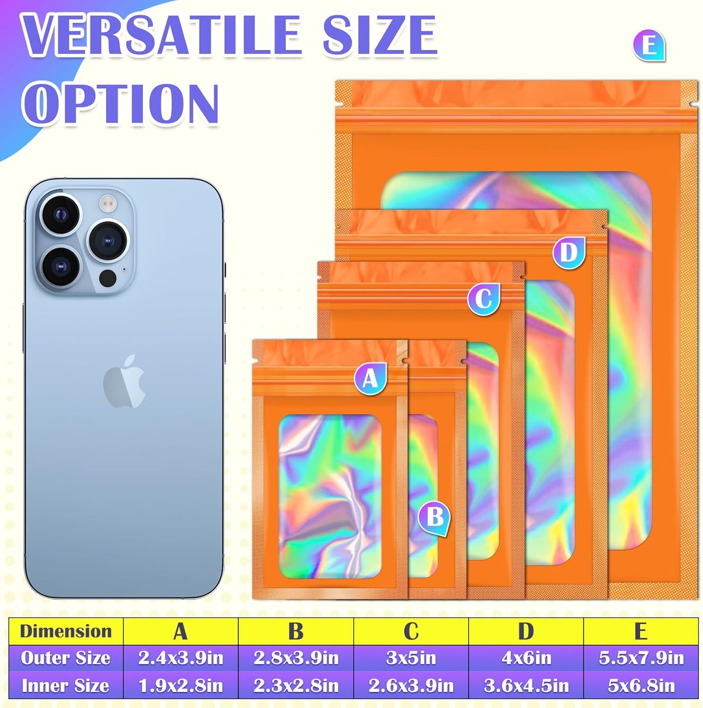 100 Pcs Mylar Bags, Smell Proof Bags Foil Pouch, Holographic Resealable Bags for Small Business, Candy Sample Jewelry Bag Sealable Packaging for Party Favor Food Storage (5.5x7.9in-Orange)