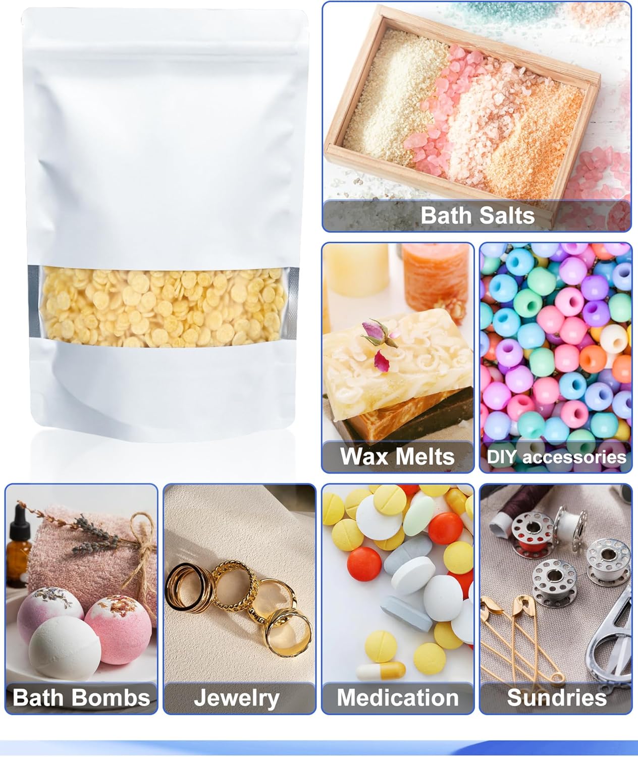 FireKylin 100 Pack Smell Proof Bags 7.9" x 11.8", Resealable Bags with Matte Window, Foil Pouch Stand Up Sealable Bags for Packaging（White）