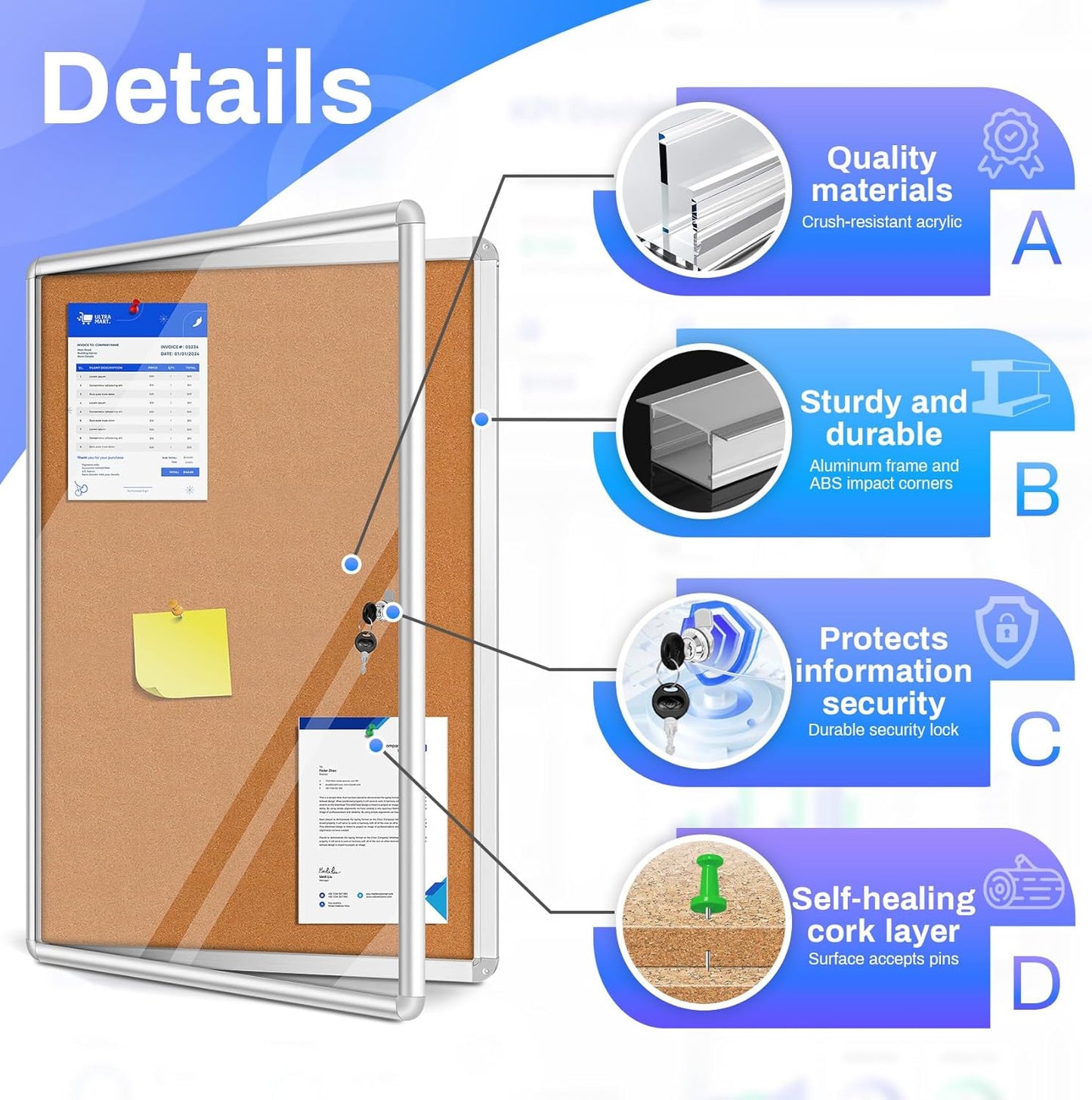 Magula Enclosed Cork Bulletin Board Tamper-Proof Dispaly Case, Aluminium Frame, Shatter Resistant Lockable Bulletin Board, Enclosed Cork Board for School, Office, Commercial, Hospital etc(24"x18")
