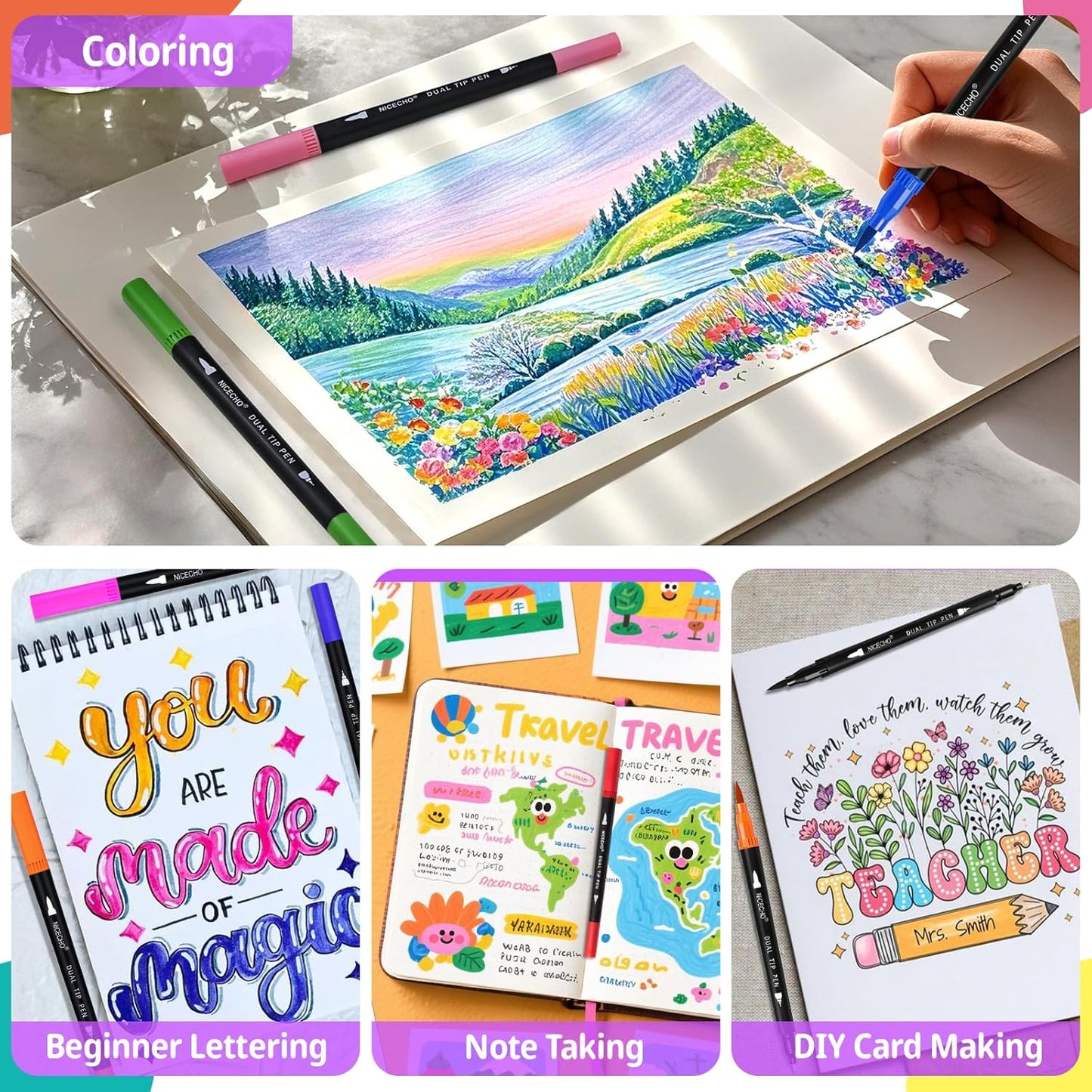Nicecho 24 Colors Dual Tip Art Markers Pens for Adult Coloring Books, Brush and Fineliner Tip Art Suppliers for Journaling Note Taking Lettering