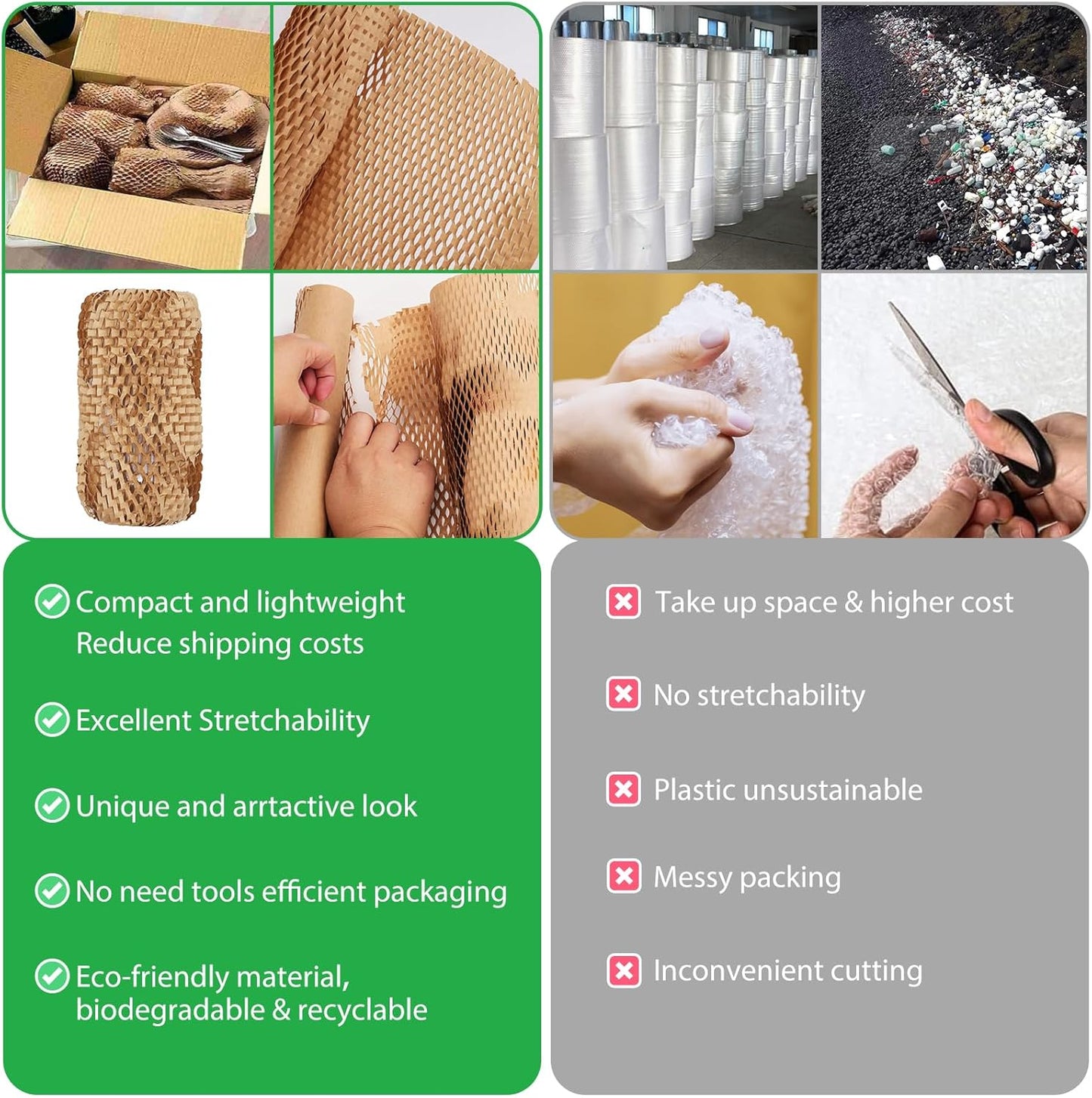 Honeycomb Packing Paper 15"x131' Recyclable Honeycomb Paper Moving Supplies Bubble Paper Wrapping Protective Roll with 30 Fragile Sticker Labels and 66ft of Jute rope (Black)