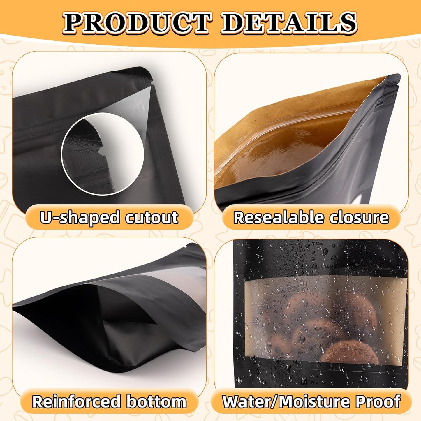Mylar Bags for Food Storage, 100 Pack Smell Proof Bag with Window, Resealable Bags for Small Business, Candy Bags, Dog Treat Bag, Bakery Packaging, Stand Up Pouch (5.5"x7.9")