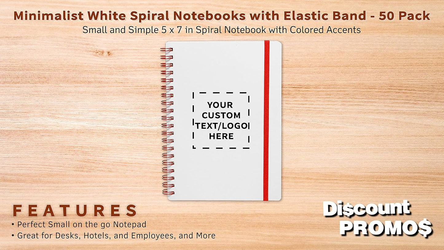 50 White Spiral Notebooks with Elastic Band Pack - Customizable Text, Logo - 80 lined pages, Recycled - Red