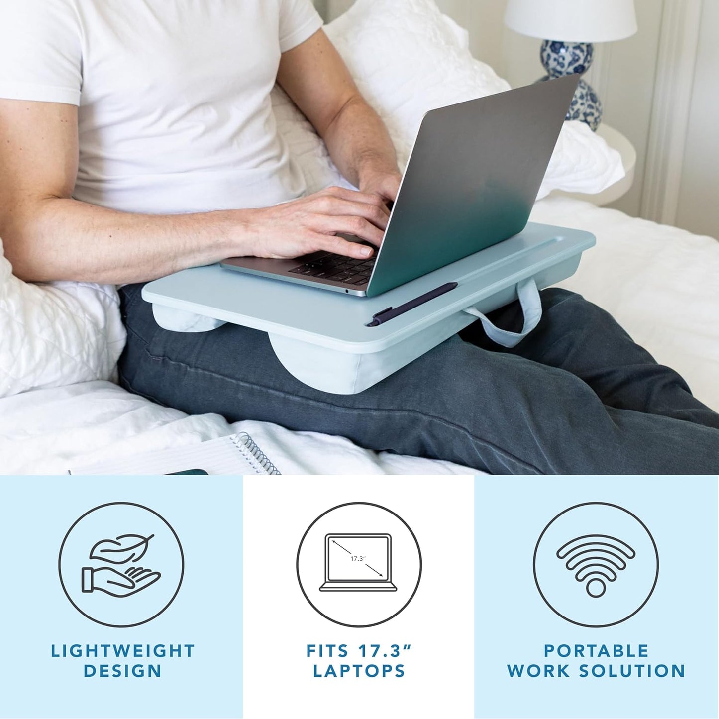 LAPGEAR Original Lap Desk – Large (17.9” x 13”) | Fits Up to 17.3” Laptops | Cushioned with Device Ledge, Pencil Tray & Handle | Portable & Lightweight | Sky Blue – Style No. 45153
