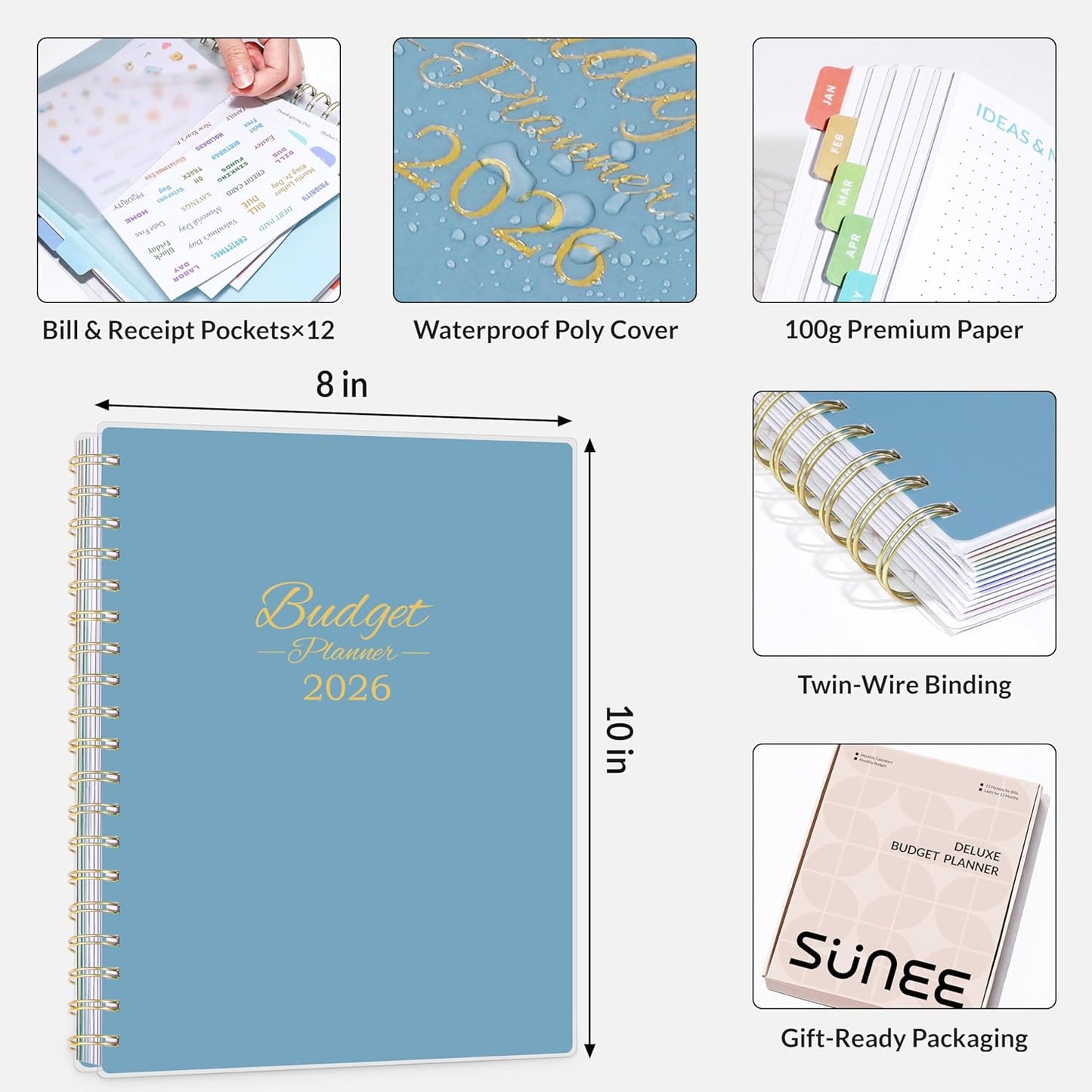 SUNEE 2026 Budget Planner - Deluxe Monthly Budget Book from JAN 2026 - DEC 2026, Bill Organizer with 12-Pockets, Expense Tracker Notebook B5 Size (8" x 10"), Finance Planner Account Book, Blue