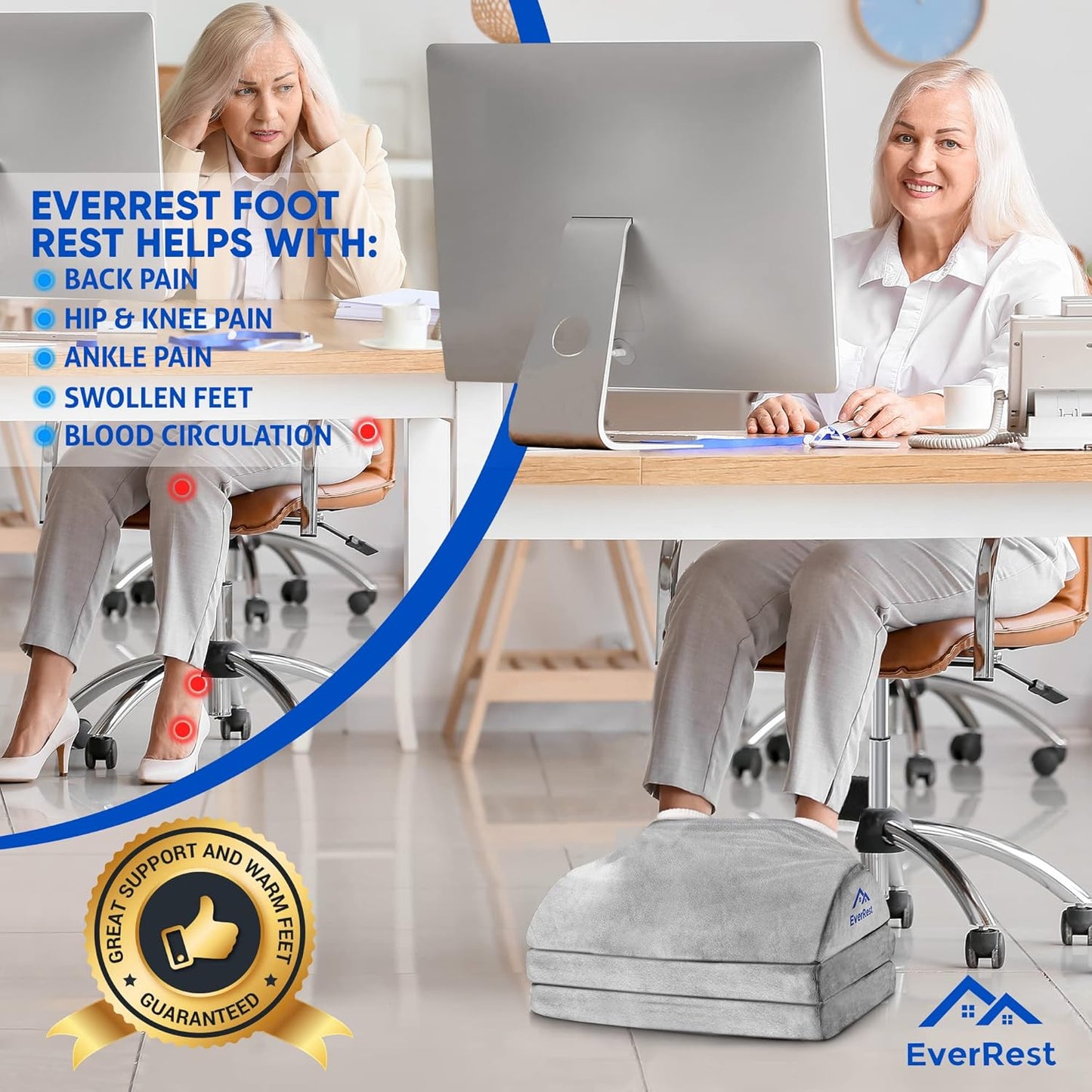 EverRest Under Desk Footrest for Office Use - Warmer Feet, 3 Adjustable Heights - Tall Ergonomic Foot Rest Stool for Gaming Chair, Computer - Leg Support for Work from Home