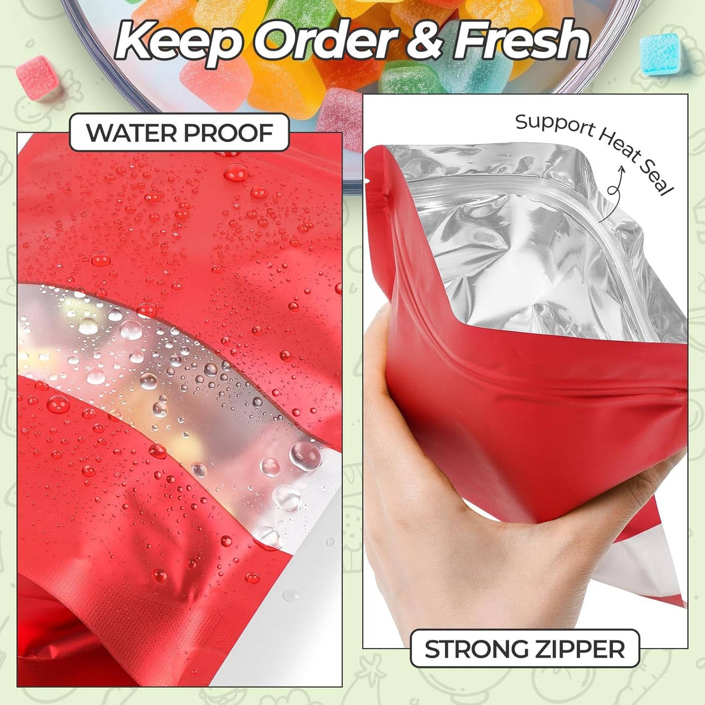 Funfery 100 Pcs Smell Proof Packaging Bags,Mylar Clear Bags for Food Storage,Sealable Bag for Packaging,Stand Up Pouches with Window,ReSealable Bag for Small Business,Cookies,Candy(Red,4x6in)