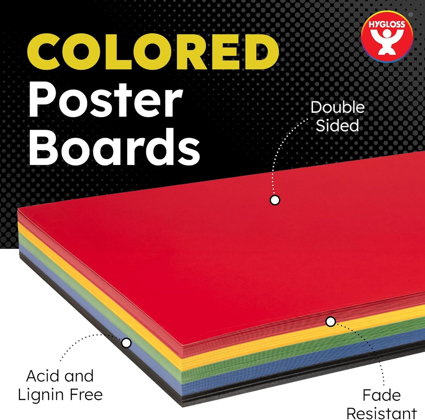 Hygloss Large Colored Poster Board 22x28 - 50 Assorted Standard Color Poster Boards Bulk Pack - Red, Yellow, Green, Blue, Black - 10 Pt. Thickness Poster Board Paper - Posterboard Multipack 22" x 28"