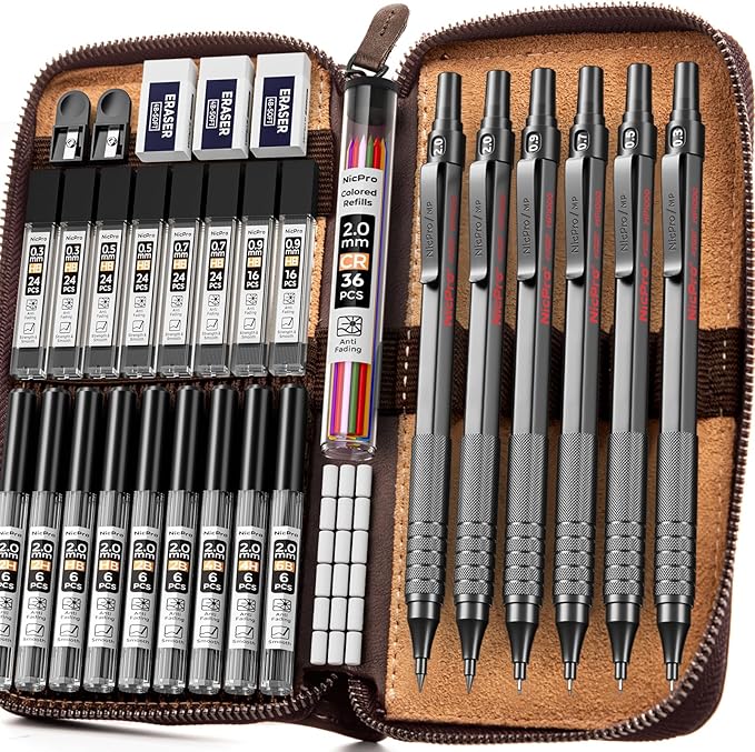 Nicpro 33PCS Black Metal Mechanical Pencil Set in Leather Case, Art Drafting - Image 8