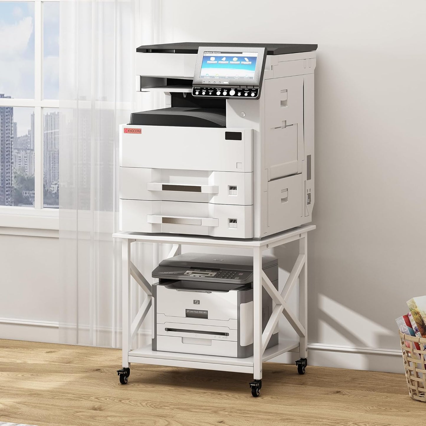 23.6 x 23.6 Inches Large Printer Stand, 2 Tier Square Printer Table with Storage Shelf for Home Office, Multi-use Rolling Cart with Wheels for Laser, 3D Printer and Mini Fridge - White