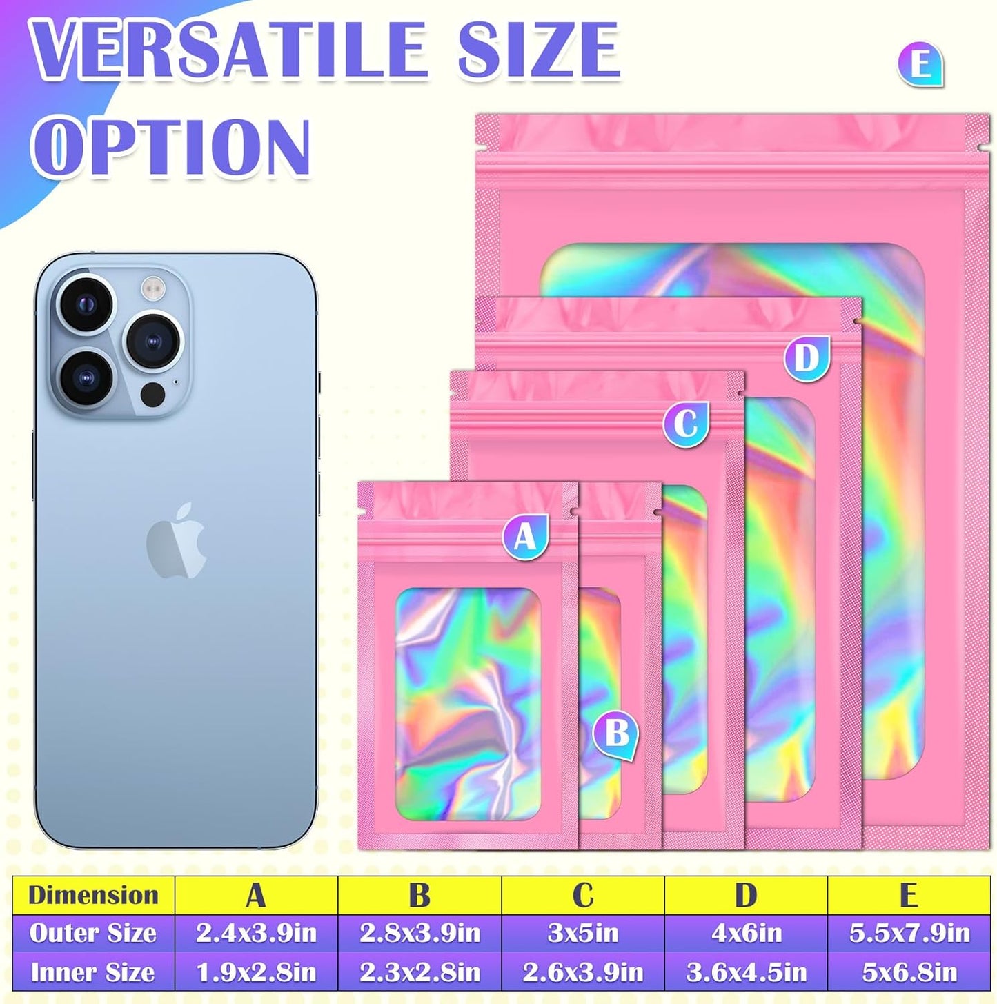 100 PCS Mylar Bags, Pink Holographic Bags, Resealable Bag for Small Business, Packaging, Foil Pouch Bag for Food Storage, Bracelets, Jewelry（4x6in）