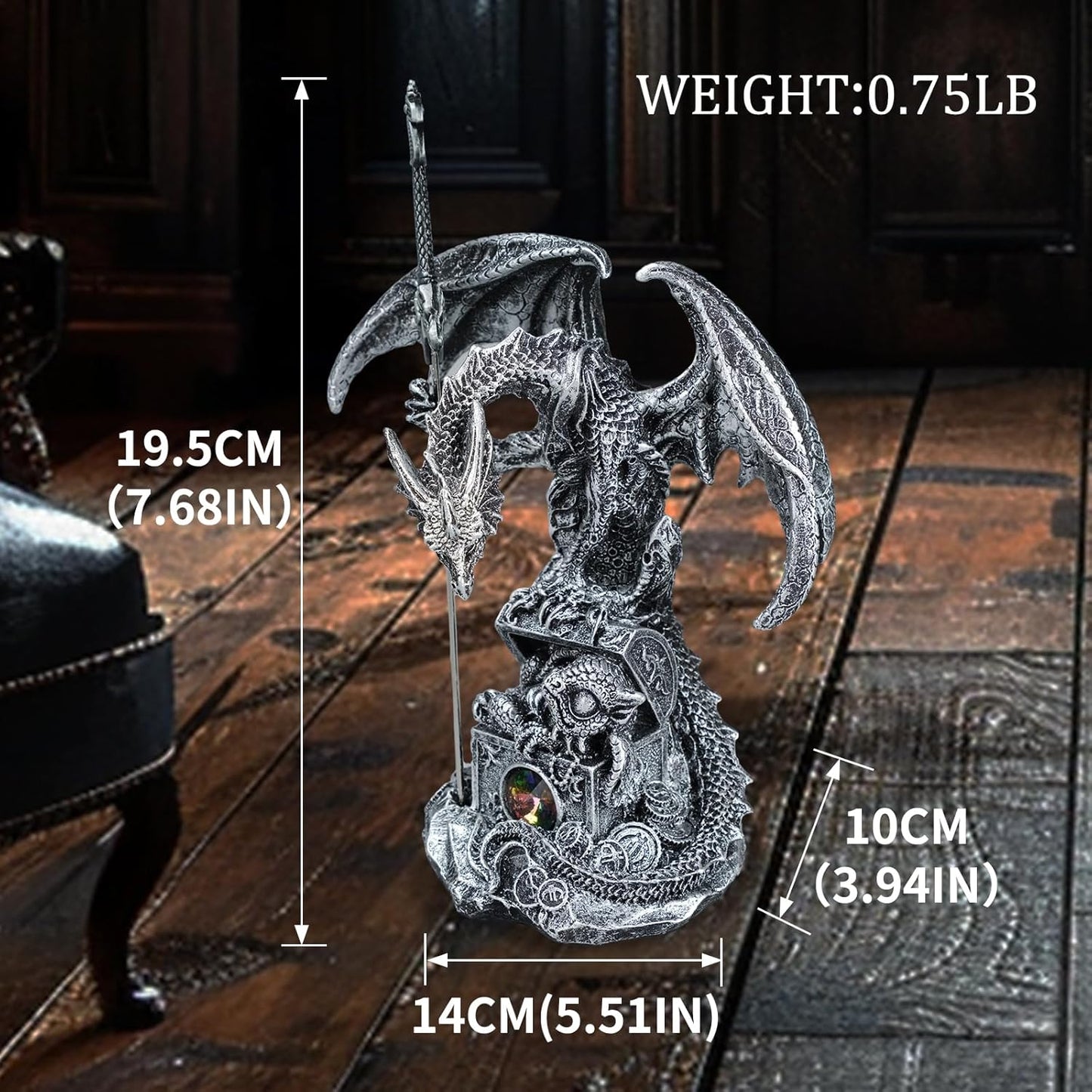 Fantasy Dragon Statue with Draconian Sword Letter Opener Figurine Collectible Dragon Sculpture Resin Home Decor Gifts 7.68''H (Silver)
