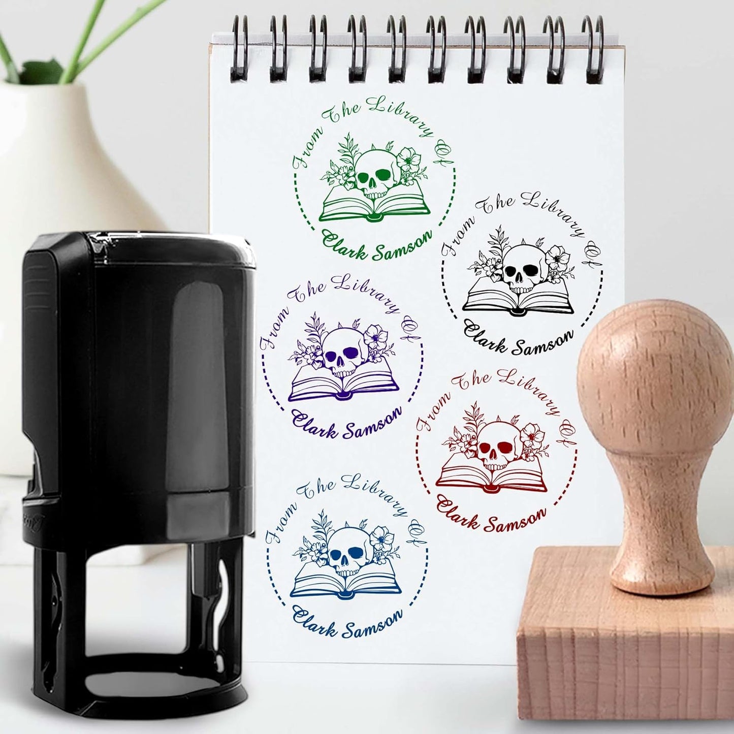 Skull Themed Library Book Embosser， Custom Book Business Card Paper Document Notebook, Self Inking Stamp，Book Lover Gifts，Christmas Gifts (Style06)