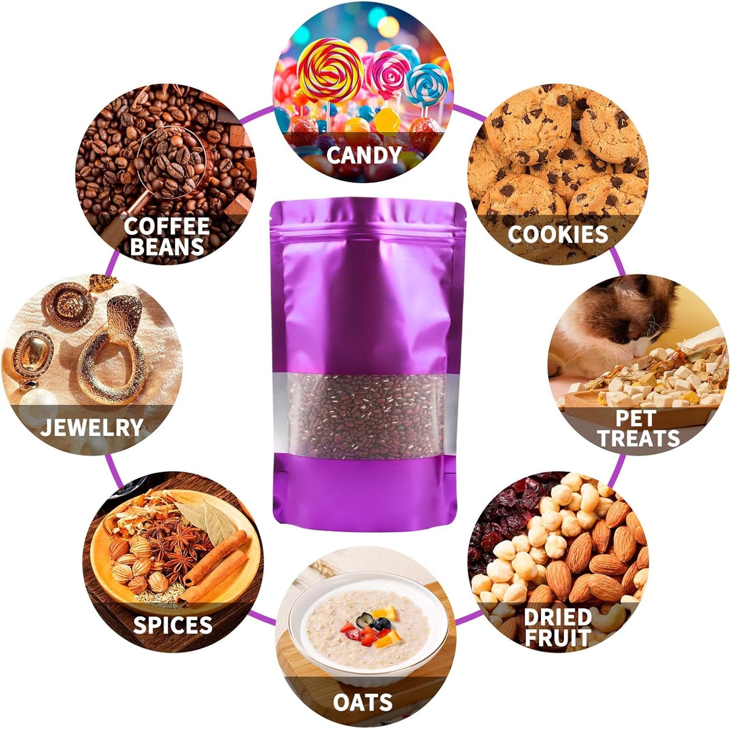 100 Pack Smell Proof Bags, Resealable Purple Mylar Bags with Matte Window, Foil Pouch Stand Up Sealable Bags for Packaging, 7.08×10.23 Inch