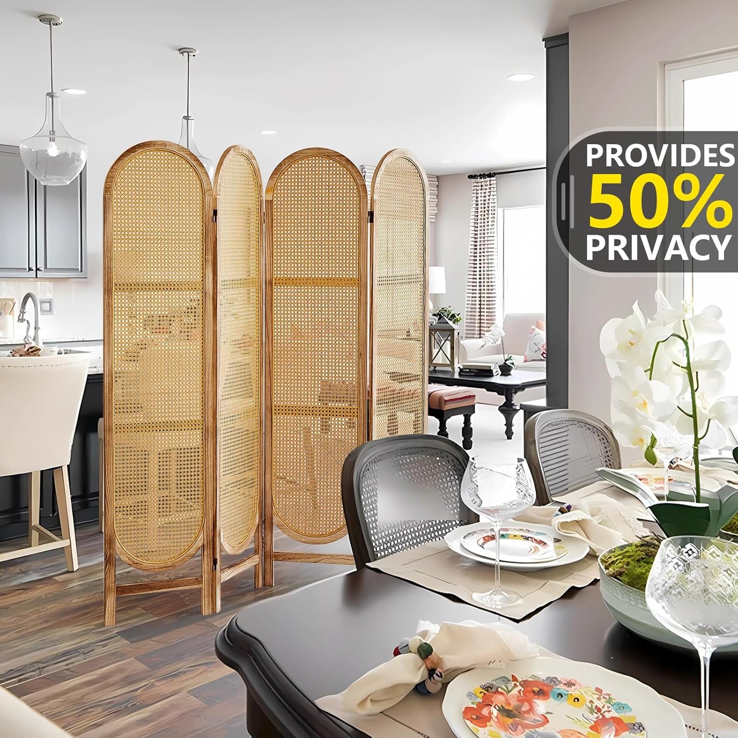 4 Panel Room Divider, 5.6 Ft Foldable Wood Room Divider Screen, Hand-Woven Rattan Folding Privacy Screens with Double Hinges, Wall Divider for Room Separation Bedroom Home Office - Natural