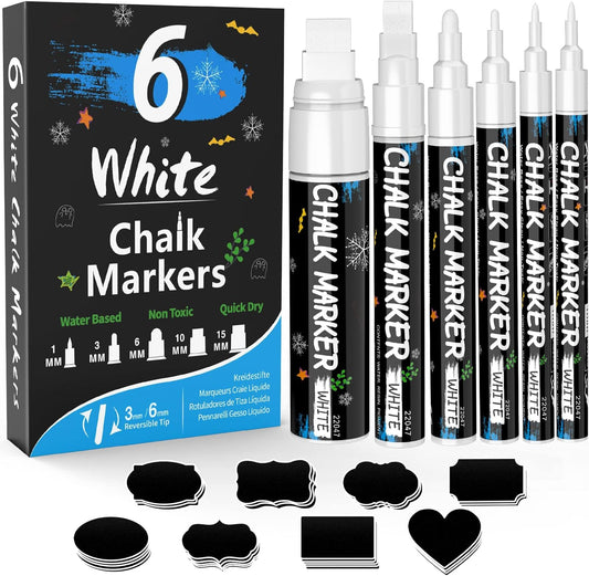 White Window Chalk Markers Pen: 6 Pack White Glass Marker, Liquid Chalk Marker for Chalkboard Signs, Car Window Paint Marker Pen for Bistro, Jars, Erasable, Non-Toxic, 5 Nib Sizes (1, 3, 6, 10, 15mm)