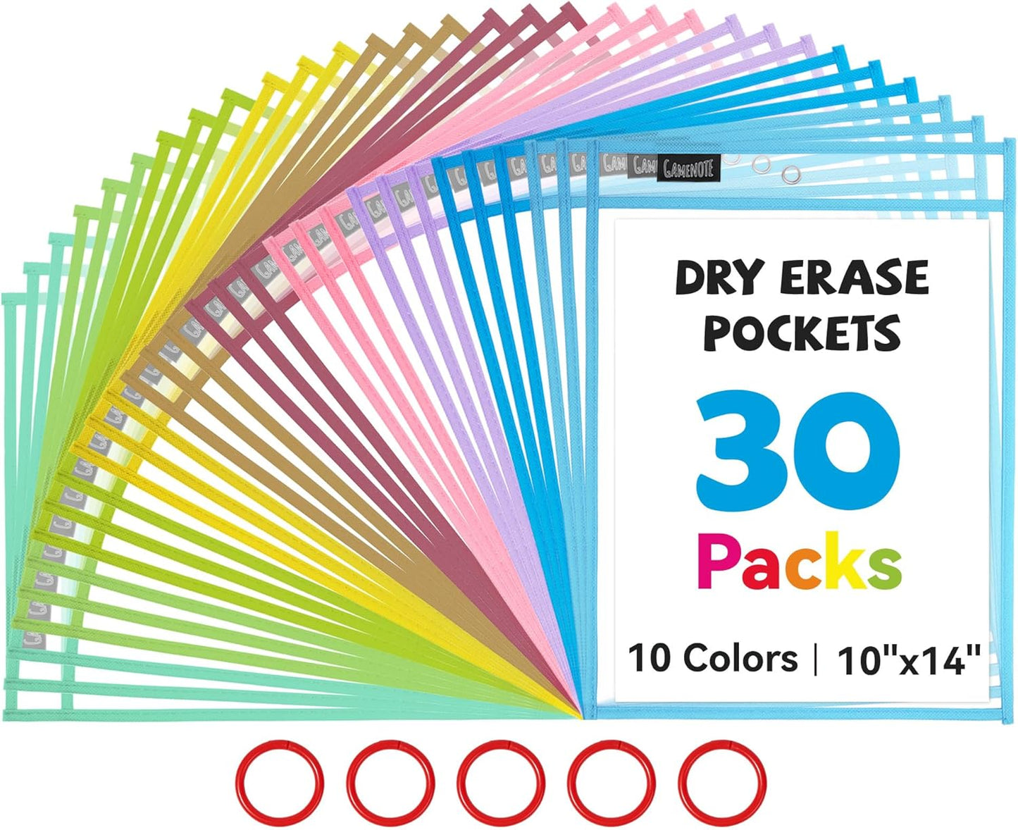 Gamenote 30 Pack Pastel Dry Erase Pockets with 5 Rings, 10 Assorted Colors Macaron 10x14 Oversized Reusable Plastic Sleeves, Clear Sheet Protectors, Teacher Supplies for Classroom Organization