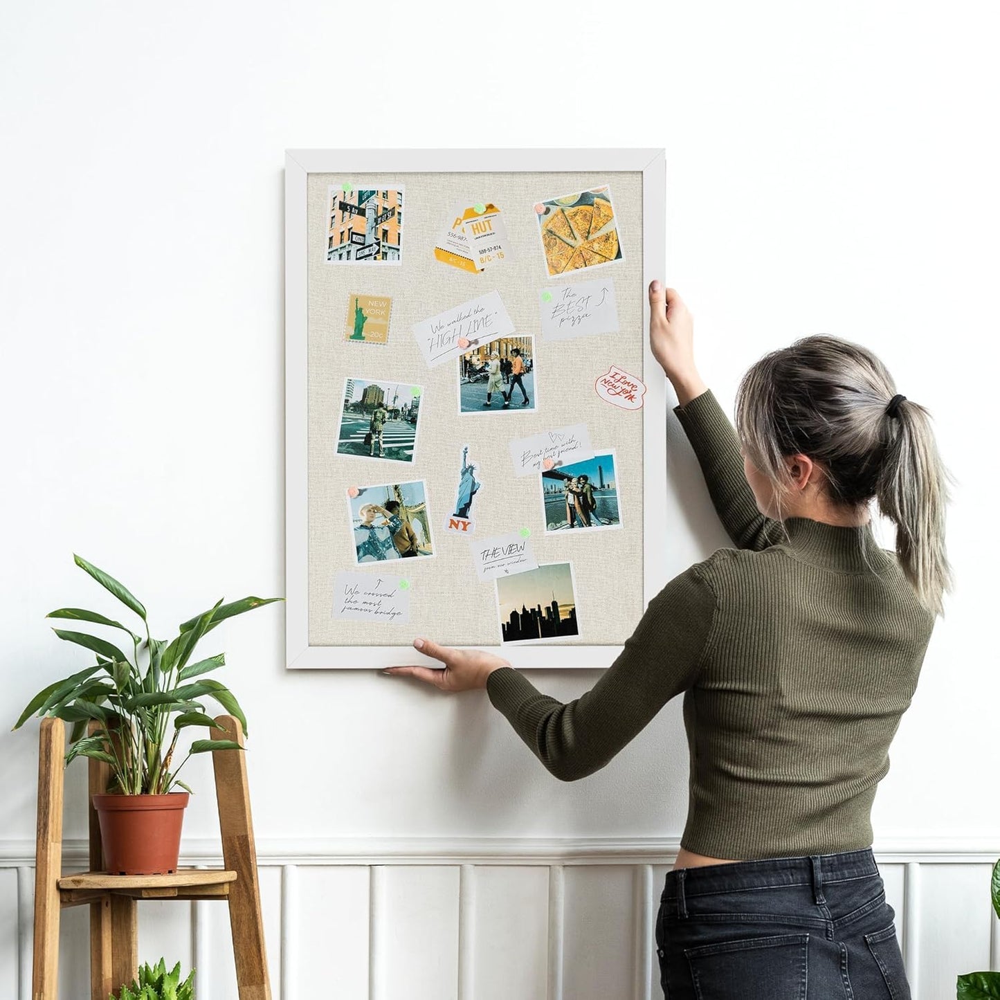 Board2by Farmhouse Linen Cork Bulletin Board 48 x 32, White Wood Framed 4 x 3 Corkboard, Office Board for Wall Decor, Large Pin Board Picture Board with 20 Pushpins for School, Home & Office