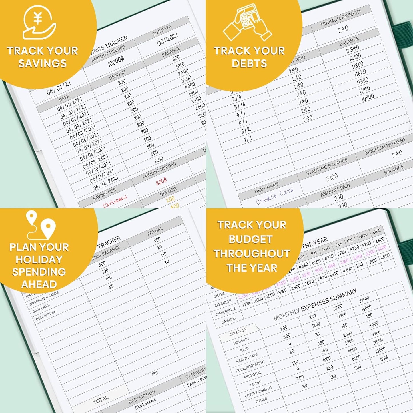 Budget Planner with Monthly Tabs - 7" x 10" Hardcover Budget Book, Monthly Bill Organizer with Pockets, Undated Finance Planner with Expense Tracker Notebook to Take Control Your Money-Dark Green