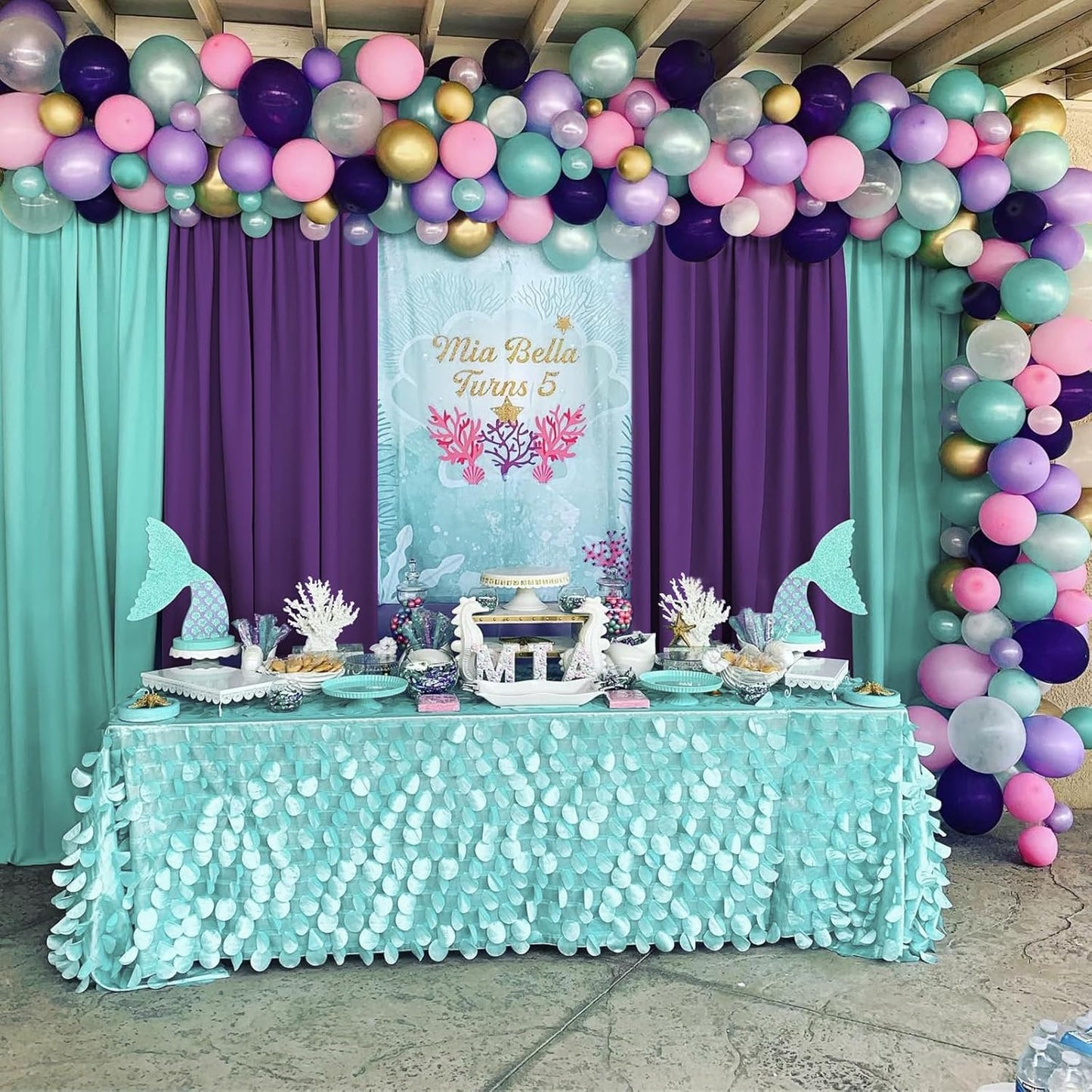 SoarDream Turquoise Backdrop Curtains Polyester 4 Panels 5ft x 10ft Photo Backdrop Drapes Mermaid Party Baby Shower Birthday Decorations