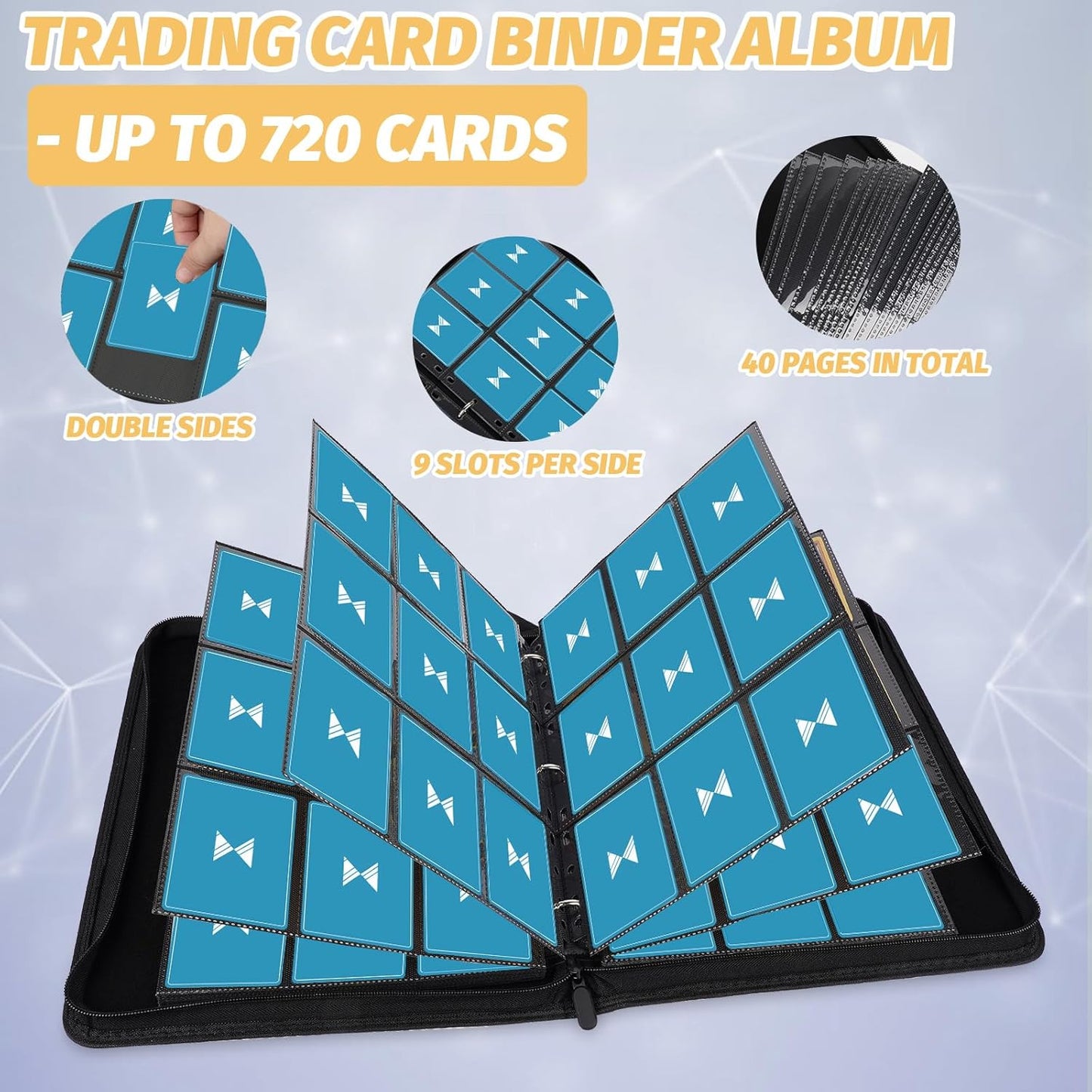 720 Card Binder, Premium Trading Card Binder, 9 Pocket Double Sided Pocket PU Card Collection Binder, Collector Card Album, Card Folder for MTG, TCG, Sports Cards, Game Cards (Dark Blue)