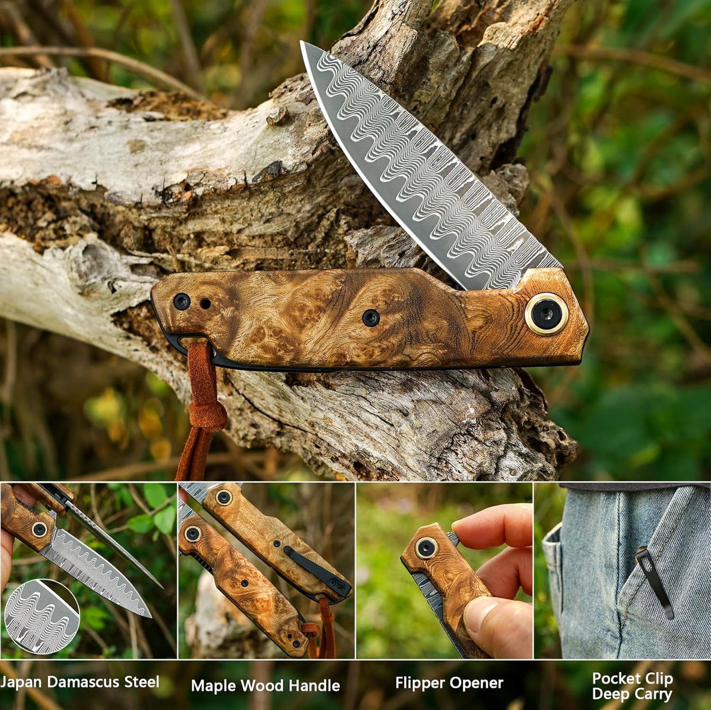 VNLA Damascus Folding Pocket Knife,Handmade knife,Forged Damascus Steel Blade,handle made of maple Wood leaf.with Reversible Pocket Clip,Suitable for Hiking carry EDC