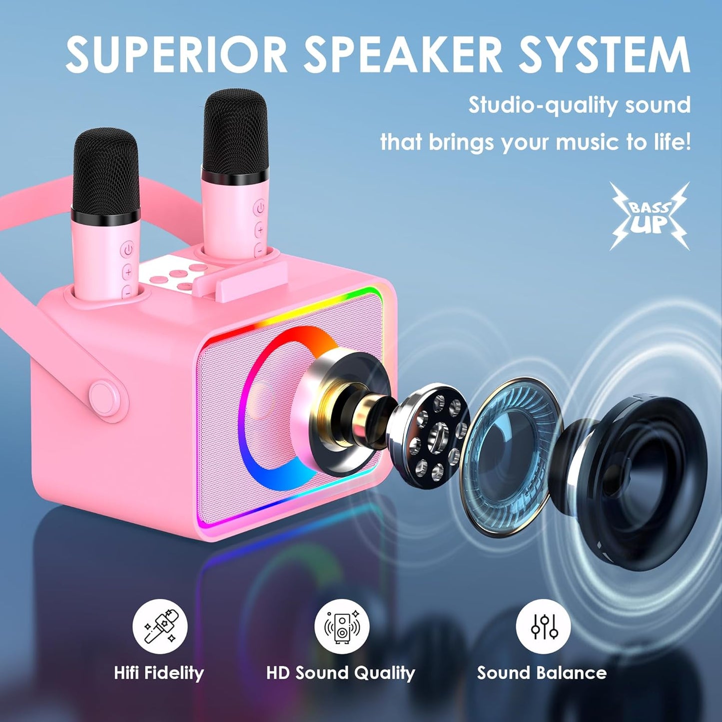 Karaoke Machine,Portable Bluetooth Speaker with 2 Wireless Microphone for Adults & Kids with LED Lights, Karaoke Microphone with PA System Supports USB/TF/AUX,Gift for Party (Pink)