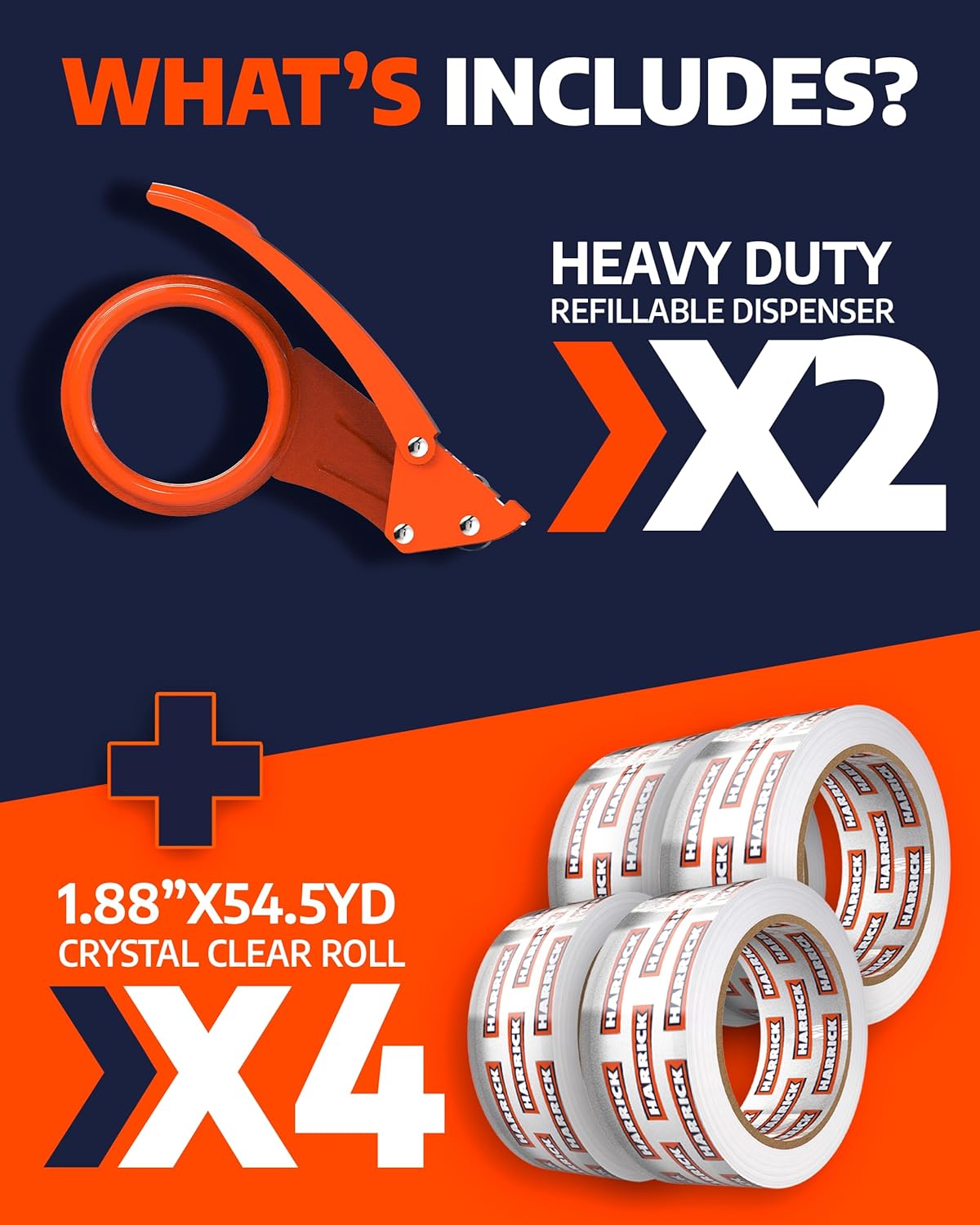 Clear Packing Tape with Dispenser 1.88 inch - Metal Strong & Durable Heavy Duty Packing Tape with Dispenser - Strong Strapping Tape with Dispenser Easy Tear & Seal - 4 Rolls / 2 Dispenser / 218 Yards