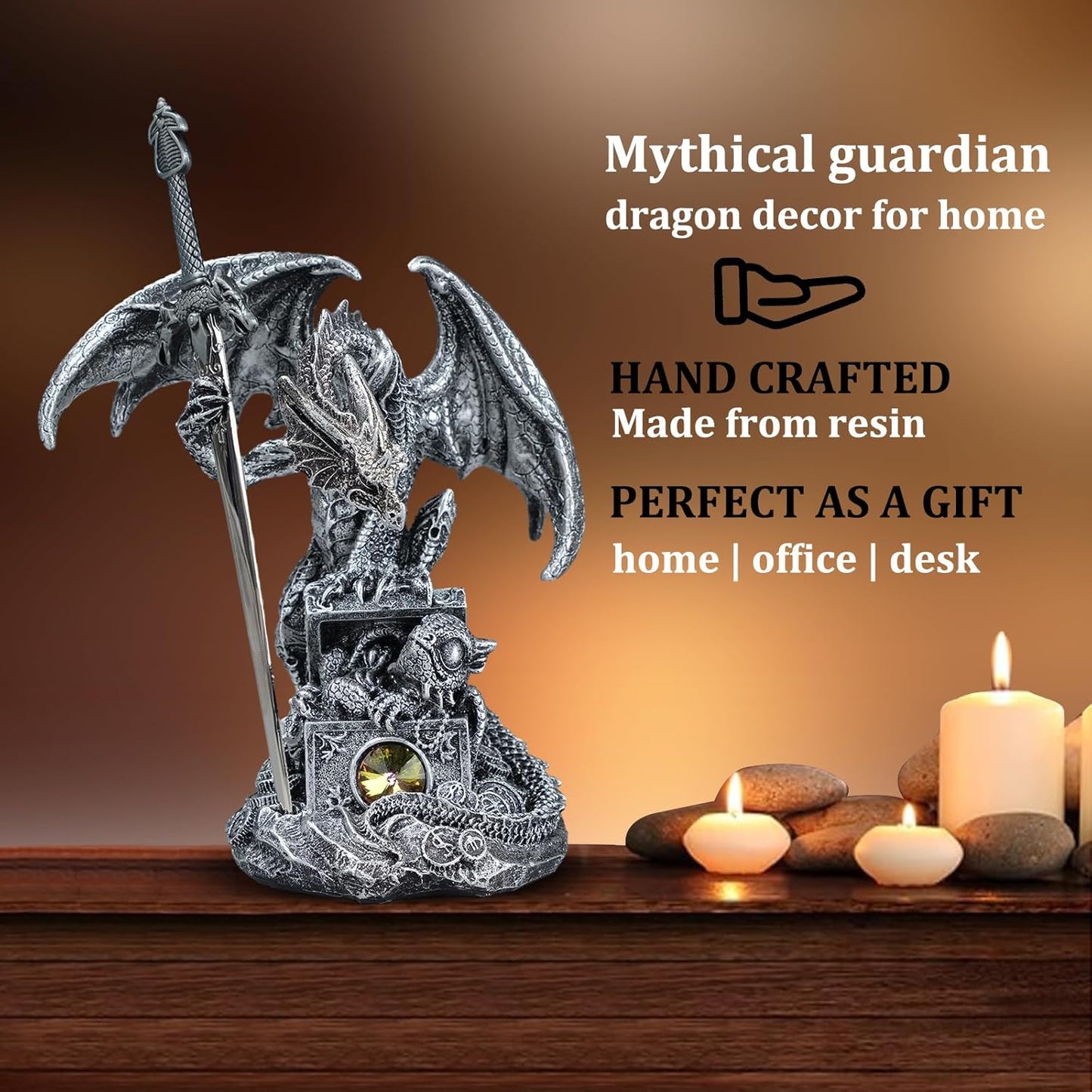 Fantasy Dragon Statue with Draconian Sword Letter Opener Figurine Collectible Dragon Sculpture Resin Home Decor Gifts 7.68''H (Silver)