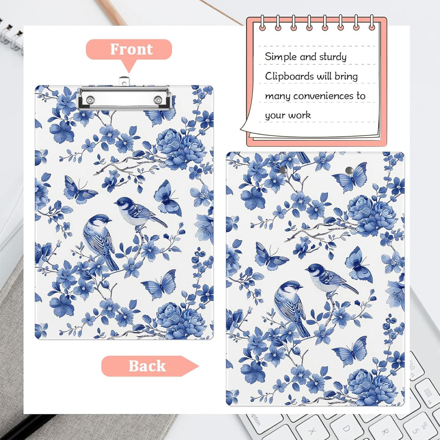 Vintage Blue Bird Flower Plastic Clipboards,Cute Fashion Clipboard Decorative 8.5" x 12.5"Standard A4 Size Clipboards,Acrylic Clipboard for Teacher,Social Worker,Students,Nurse,Office Supplies