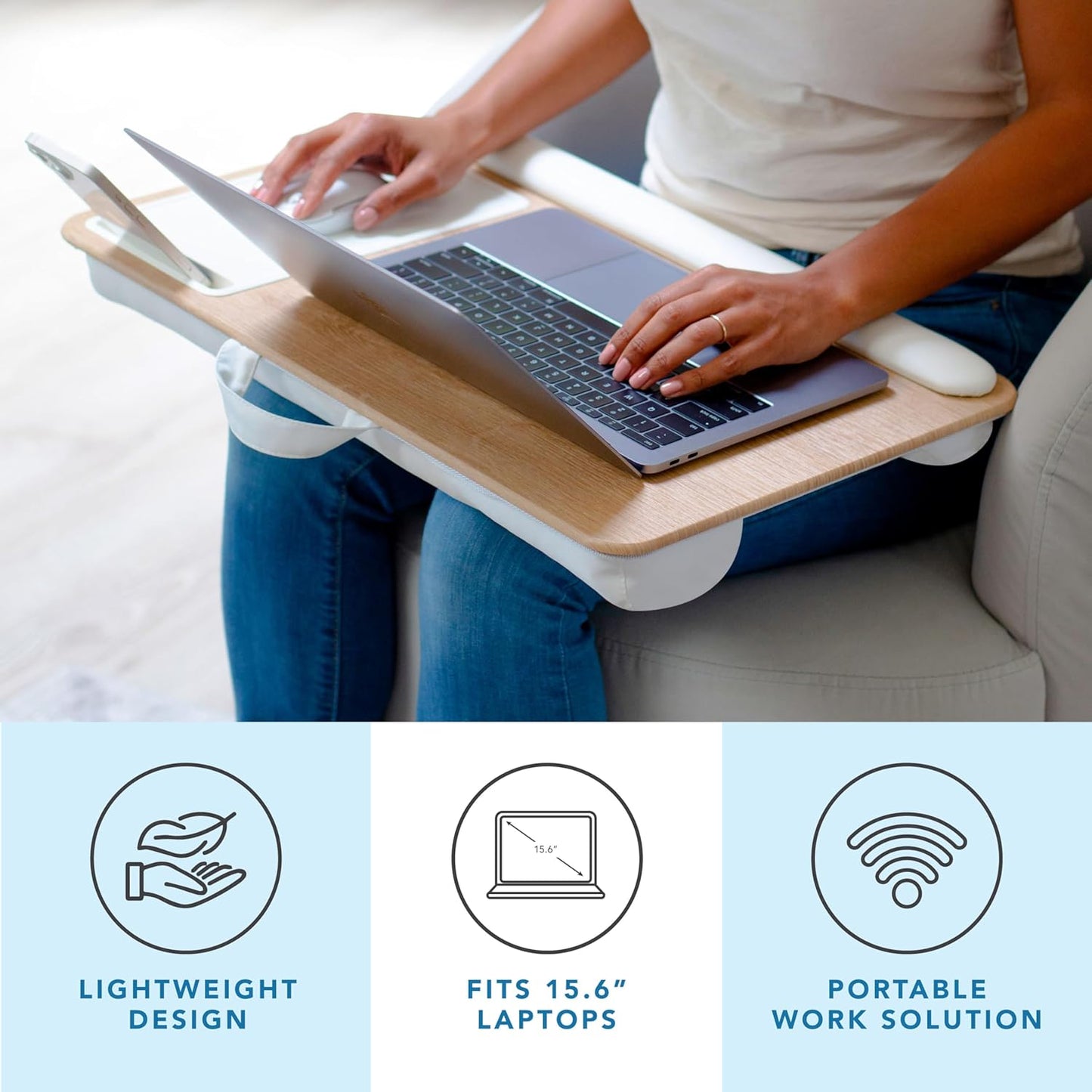 LAPGEAR Home Office Pro Lap Desk with Wrist Rest, Mouse Pad, and Phone Holder - White Oak Woodgrain - Fits up to 15.6 Inch Laptops - Style No. 91609