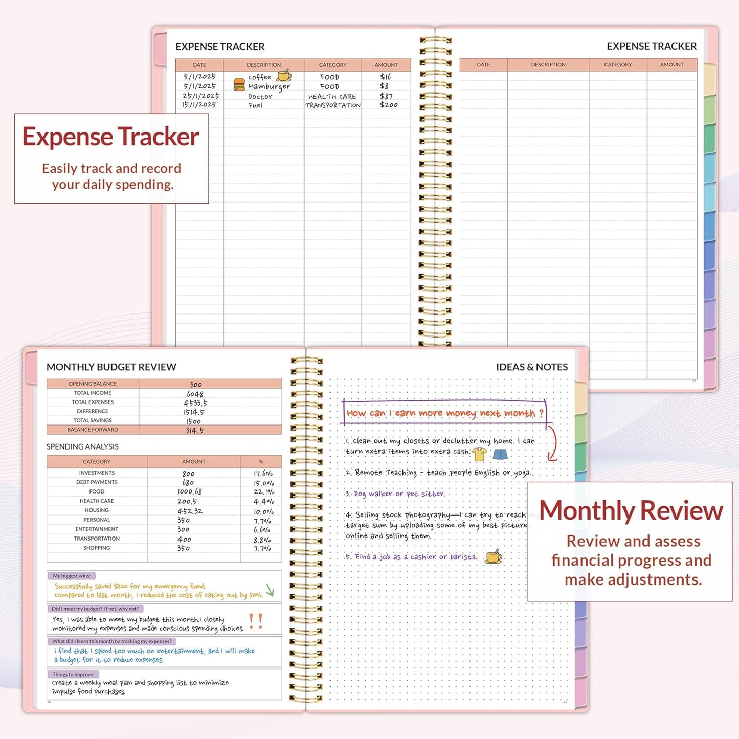 SUNEE Budget Planner - Monthly Budget Book with Expense Tracker Notebook, A4(8.5" x 11") Undated 12 Month Bill Organizer & Finance Planner to Manage Your Money, Account Book with Colorful Tab, Pink