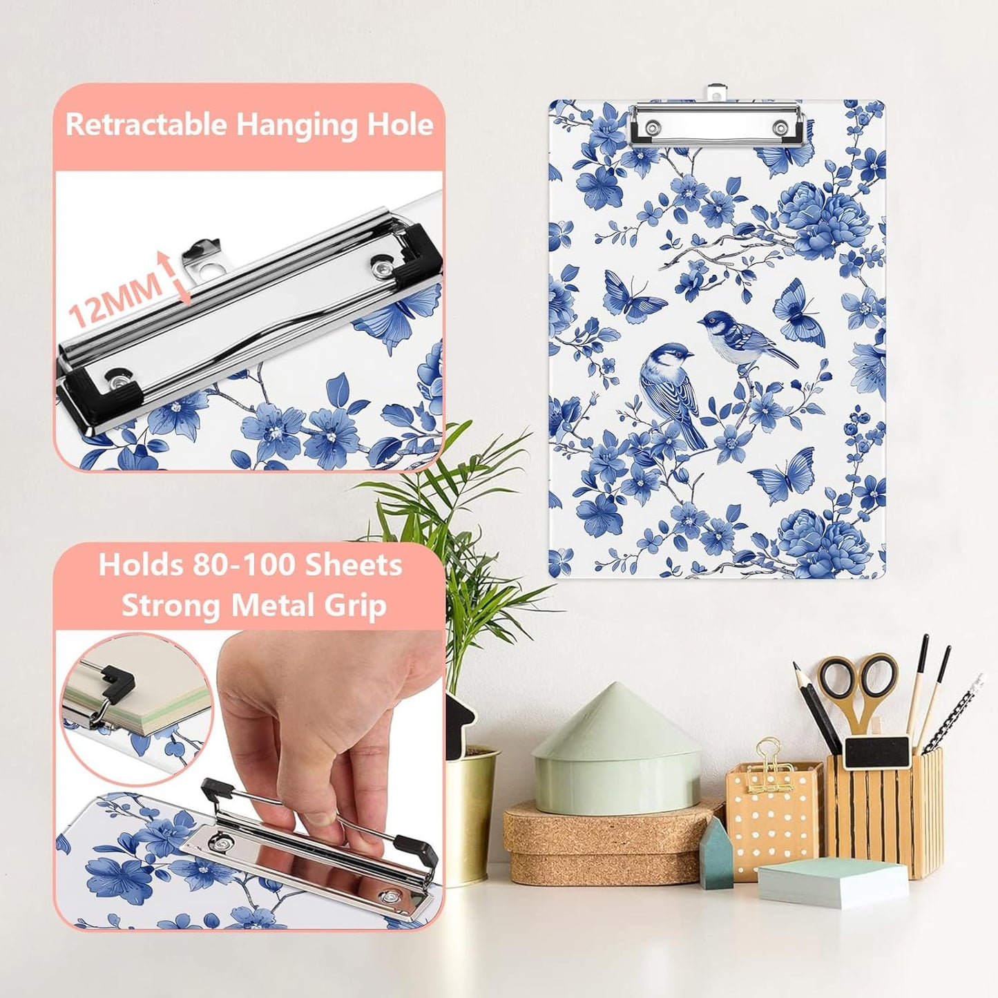 Vintage Blue Bird Flower Plastic Clipboards,Cute Fashion Clipboard Decorative 8.5" x 12.5"Standard A4 Size Clipboards,Acrylic Clipboard for Teacher,Social Worker,Students,Nurse,Office Supplies