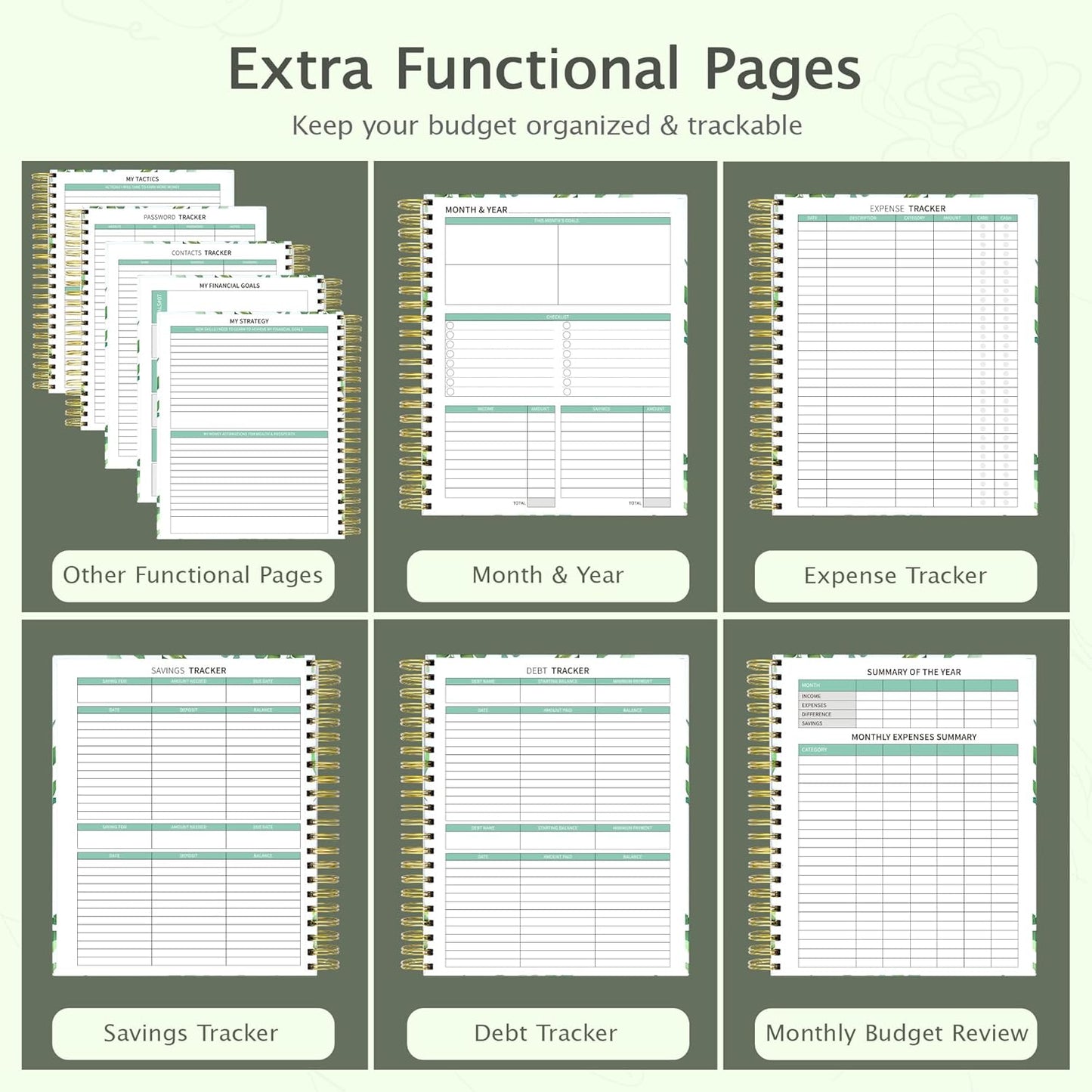 Ospelelf Budget Planner - Monthly Budget Book with Expense Tracker Notebook, Undated 12 Month Bill Organizer & Finance Planner, A4 Account Book with 12 Index Pockets, Zipper Pouch, Stickers(Green)