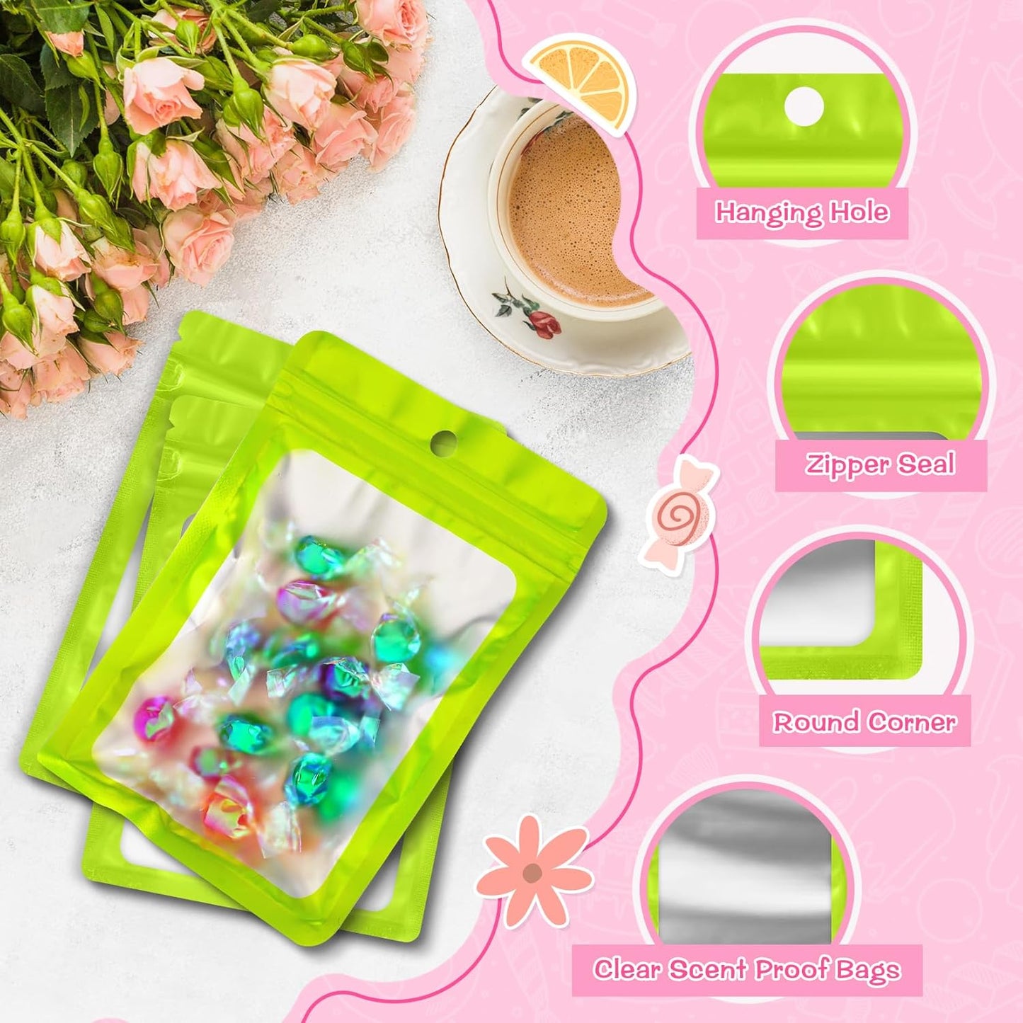 FUNFERY 100 Pack Mylar Resealable Bags Foil Packaging Bags with Clear Window,Zipper Pouch Smell Proof Bag for Food Storage,Cookies,Sample,Small Business(Green,4x6inch)