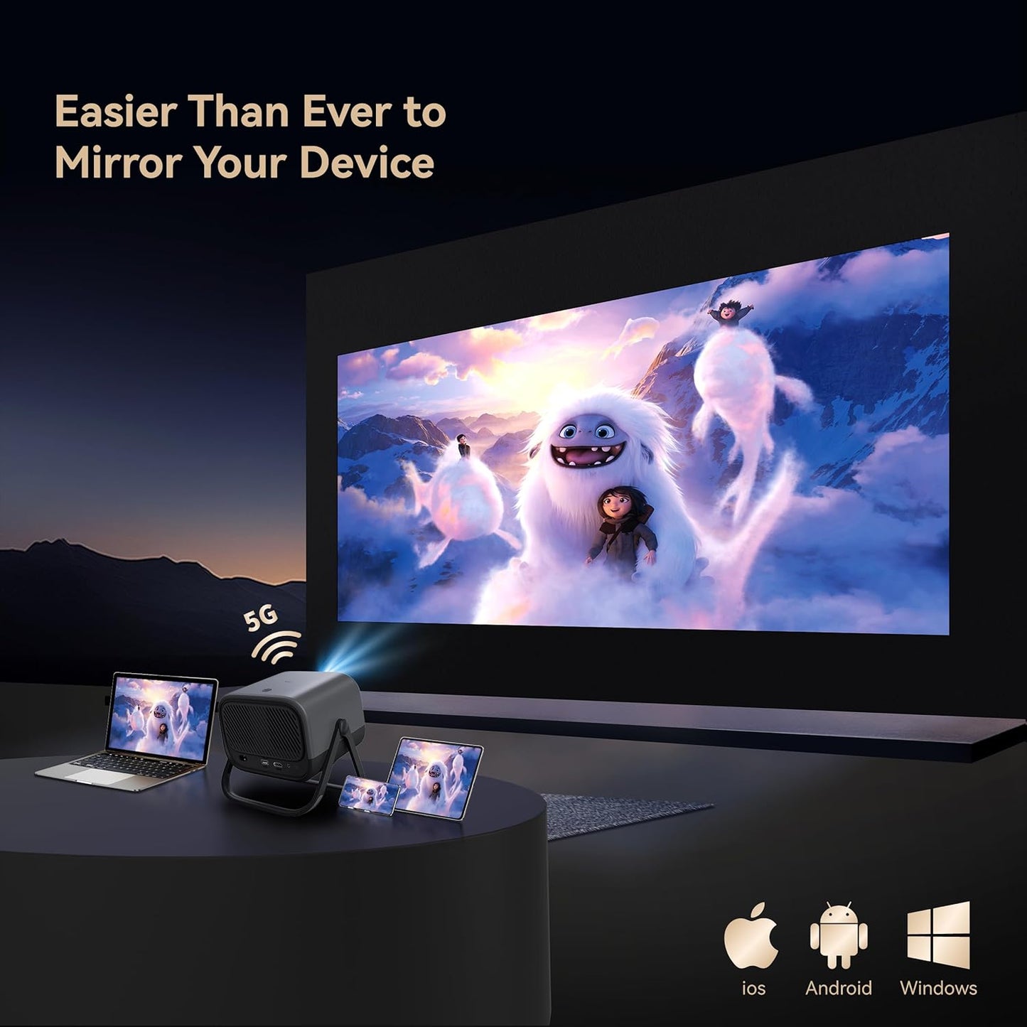 Electric Focus&360°Adjustable Stand-1080P Phone Projector with WiFi and Two-way Bluetooth,MEER 2025 Latest Upgraded Auto Keystone Ceiling Projector, Home Movie Proyector for iPhone/TV Stick/Laptop