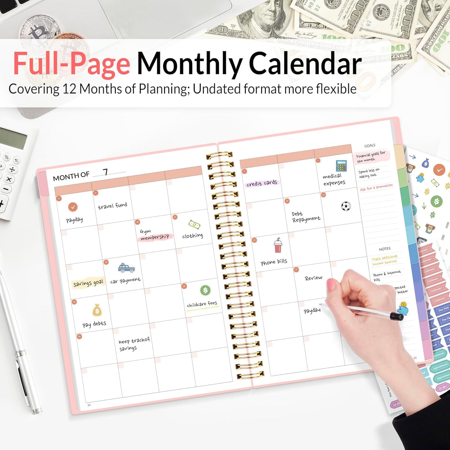 SUNEE Budget Planner - Monthly Budget Book with Expense Tracker Notebook, Undated 12 Month Bill Organizer & Finance Planner to Manage Your Money, A5(6.4" x 8.3") Account Book with Colorful Tab, Pink