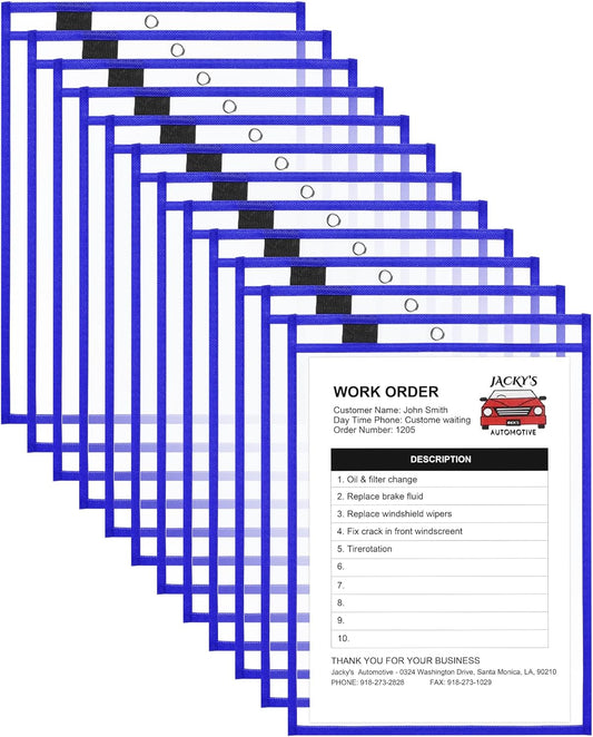 Nezyo Dry Erase Pockets Plastic Job Ticket Holders Shop Holder Order Pockets Clear Sleeves Tickets Folders Plastic Sleeves Paper Teacher Supplies for Classroom (14 x 10 in,Blue,12 Pcs)