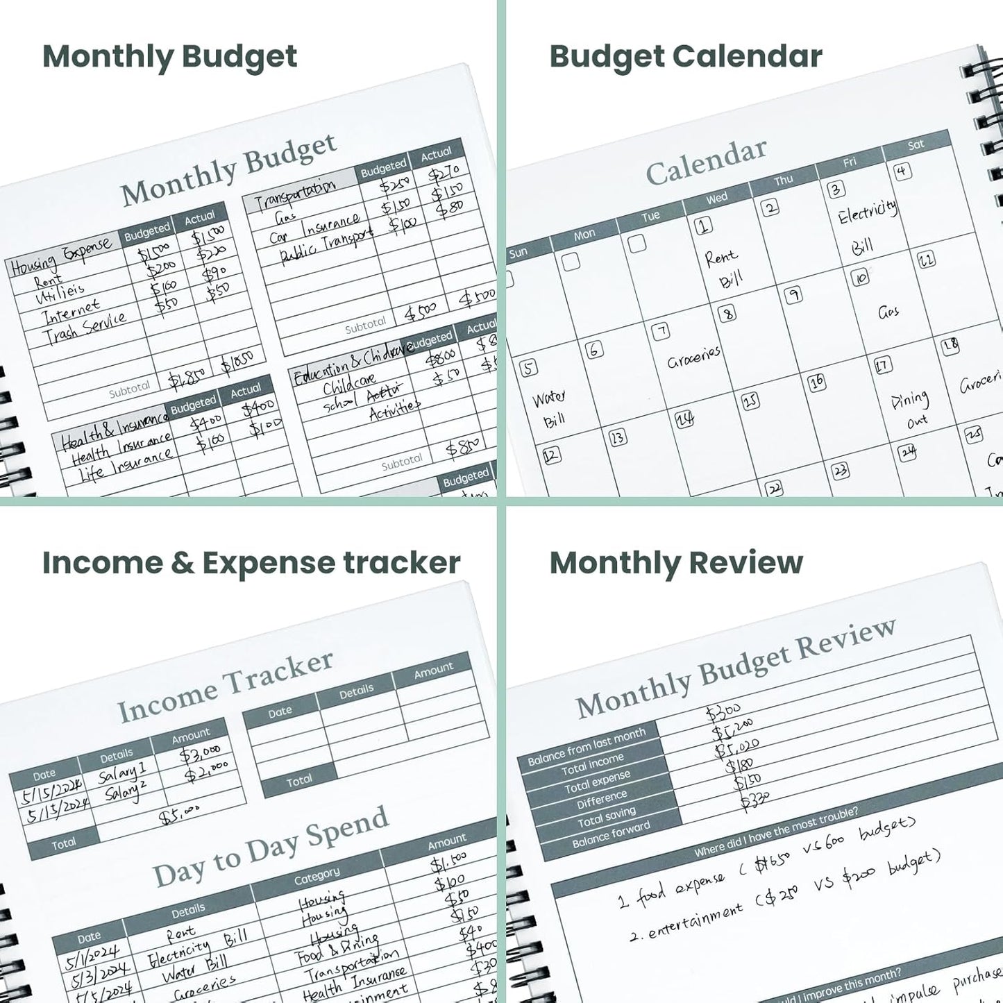 Monthly Budget Planner Book 2025 (Undated) with 12 Pockets for Income, Debt, Saving, Expense and Bill Tracker Organizer, Financial Planner for Men and Women, Dark Green, Spiral Design