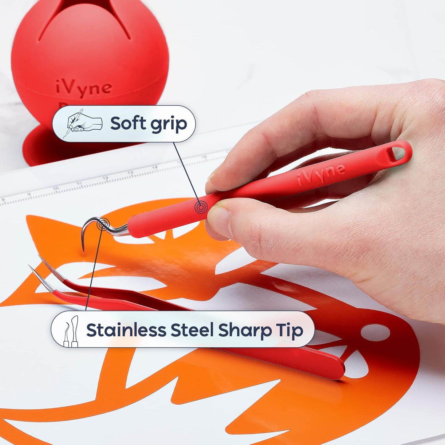 iVyne (8pcs) Premium Vinyl Weeding Tool Kit & Weeding Scrap Collector Soft Grip Tools with Berry, Weeder, Tweezers, Picker Or Hook, and Scraper Set for Silhouette Cameos & Cricut - Red