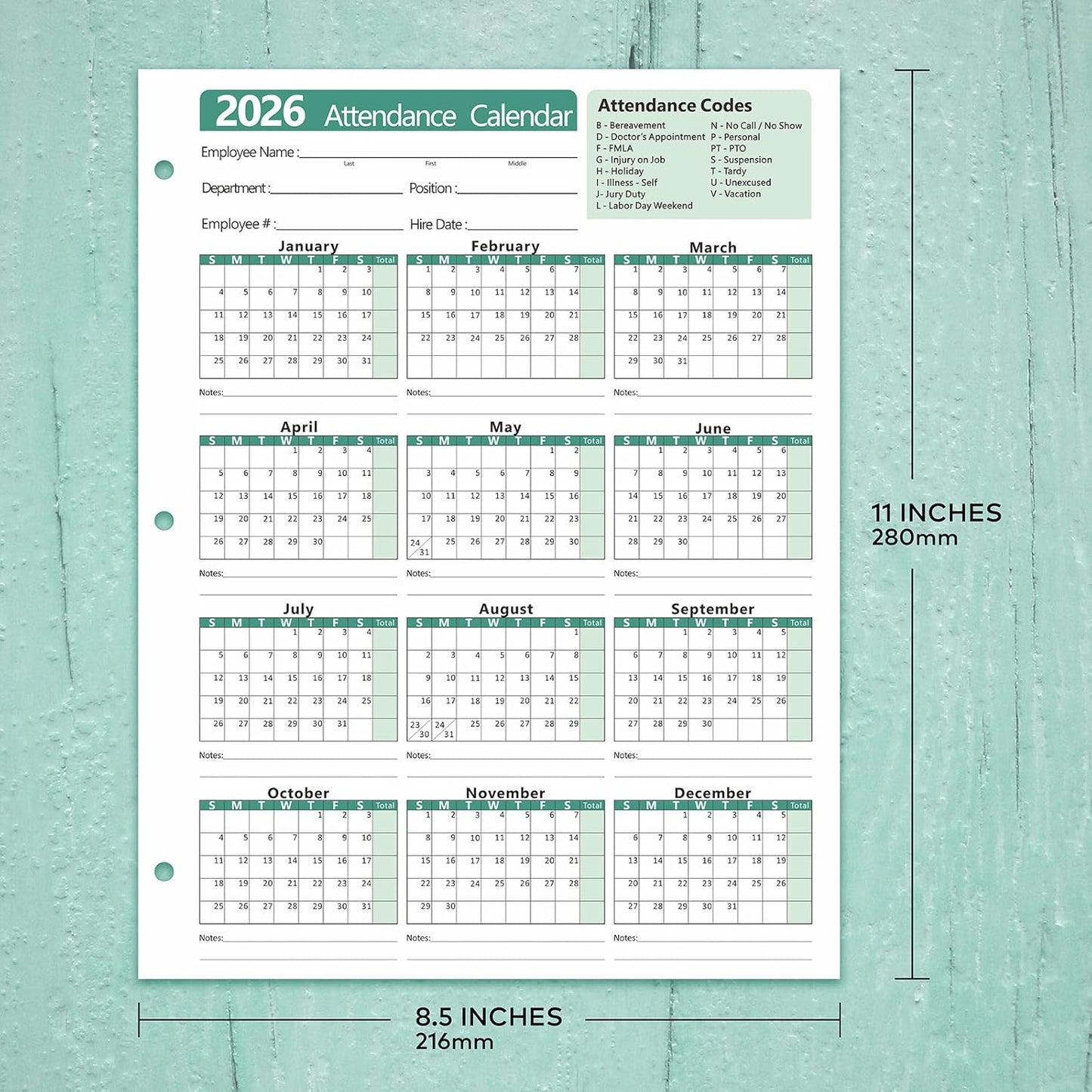 2026 Attendance Calendar - Record Employee Work Tracker Attendance Cards - Each Sheet 8.5 X 11 100lb CardStock Paper Make (25 Sheets -Green)