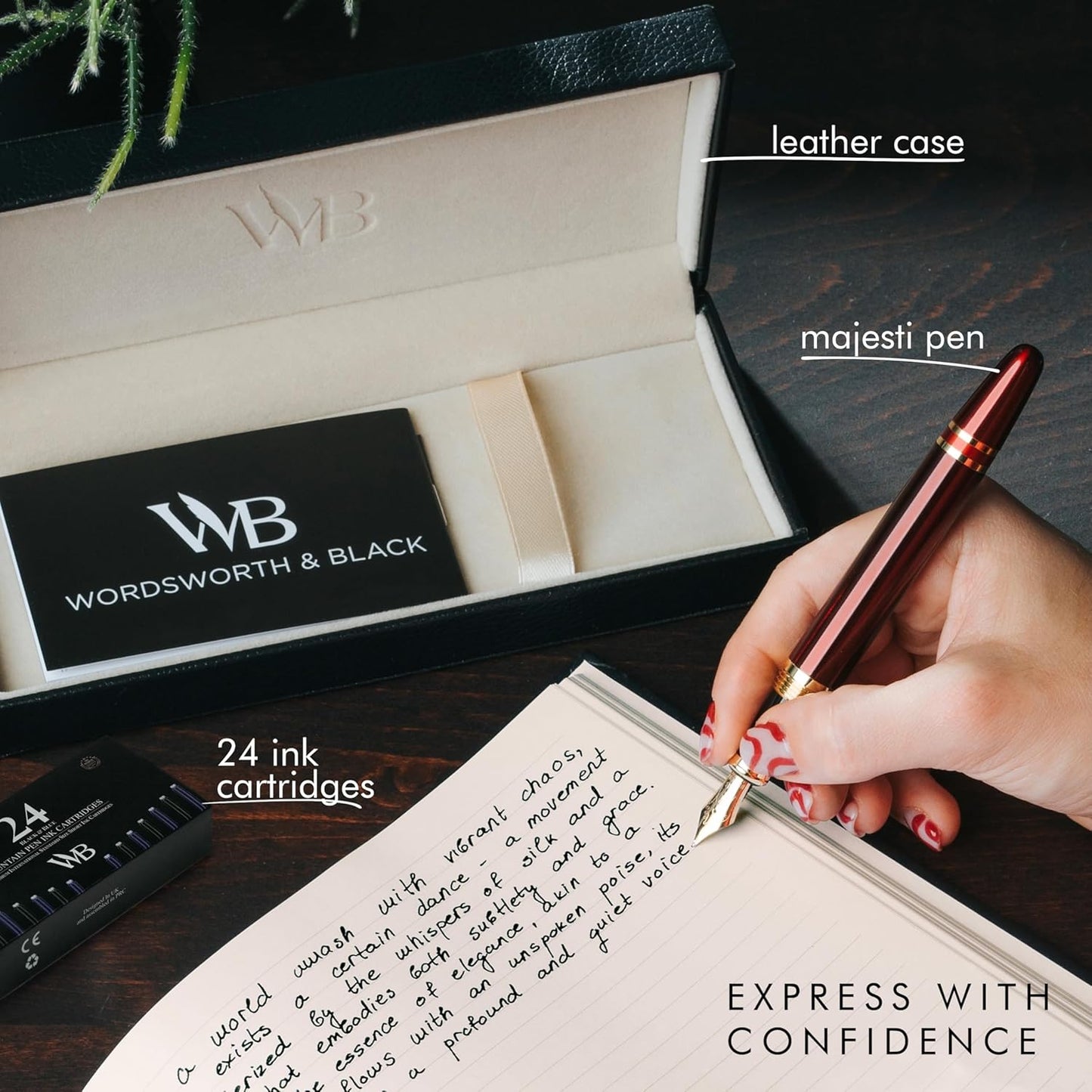 Wordsworth & Black Majesti Fountain Pen-(Red), Luxury Case, 24K Gold Finish; 18K Gilded Fine Nib- Ink Cartridges, Refillable Ink Converter-Calligraphy Pen-Best Business Gift Set for Men & Women