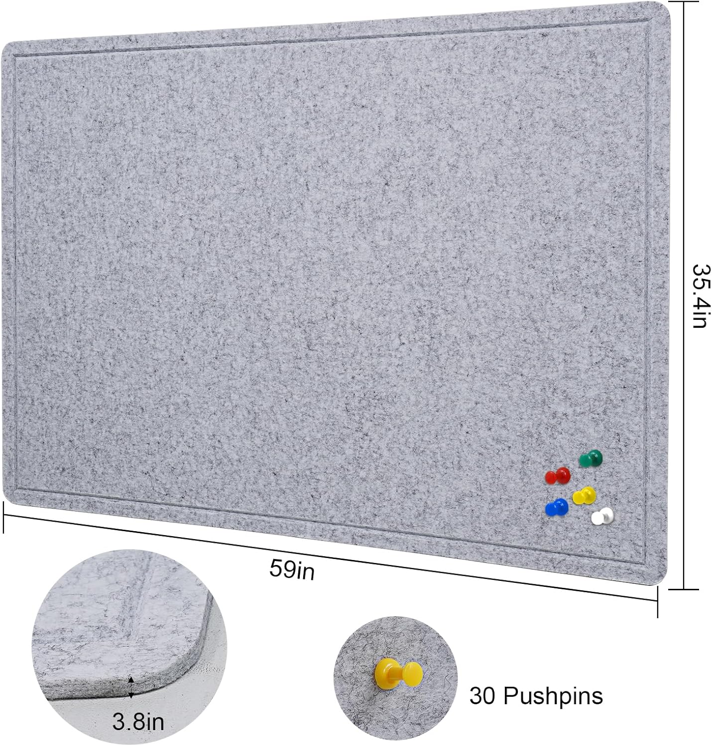 Large Bulletin Board - 60 X 36 inches Decorative Felt Pin Board - 5' x 3' Cork Board Alternative for Wall - Foldable Photo Board Self-Adhesive Vision Board Prayer Board with 30 Pushpins - Silver Gray