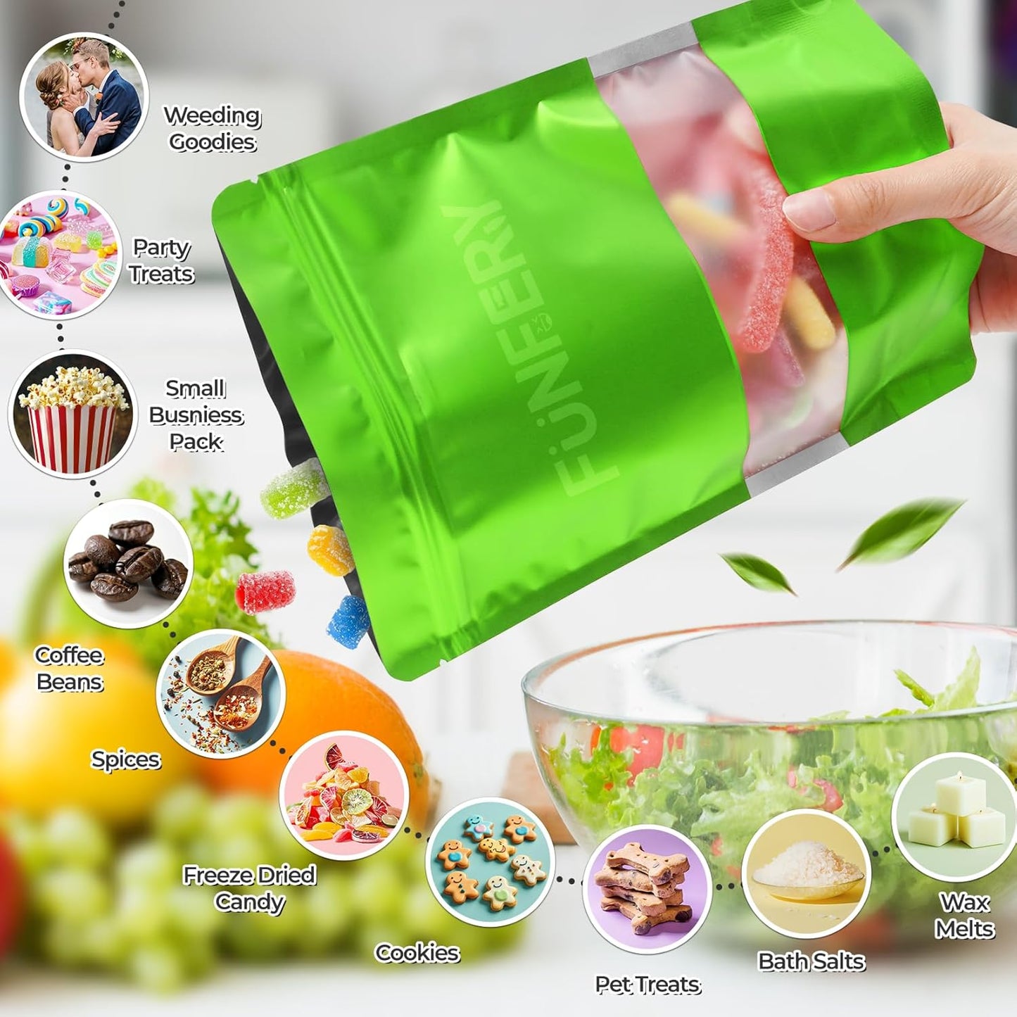 Funfery 100 Pcs Smell Proof Packaging Bags,Mylar Clear Bags for Food Storage,Sealable Bag for Packaging,Stand Up Pouches with Window,ReSealable Bag for Small Business,Cookies,Candy(Green,4x6in)
