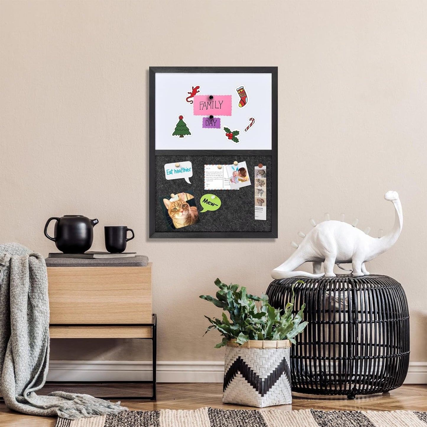 Whiteboard Bulletin Board Dark Gary Felt Board Combo for Office School Kitchen Bedroom, Black Wood Frame,17.7"*23.6",Whiteboard+BK-4560BK