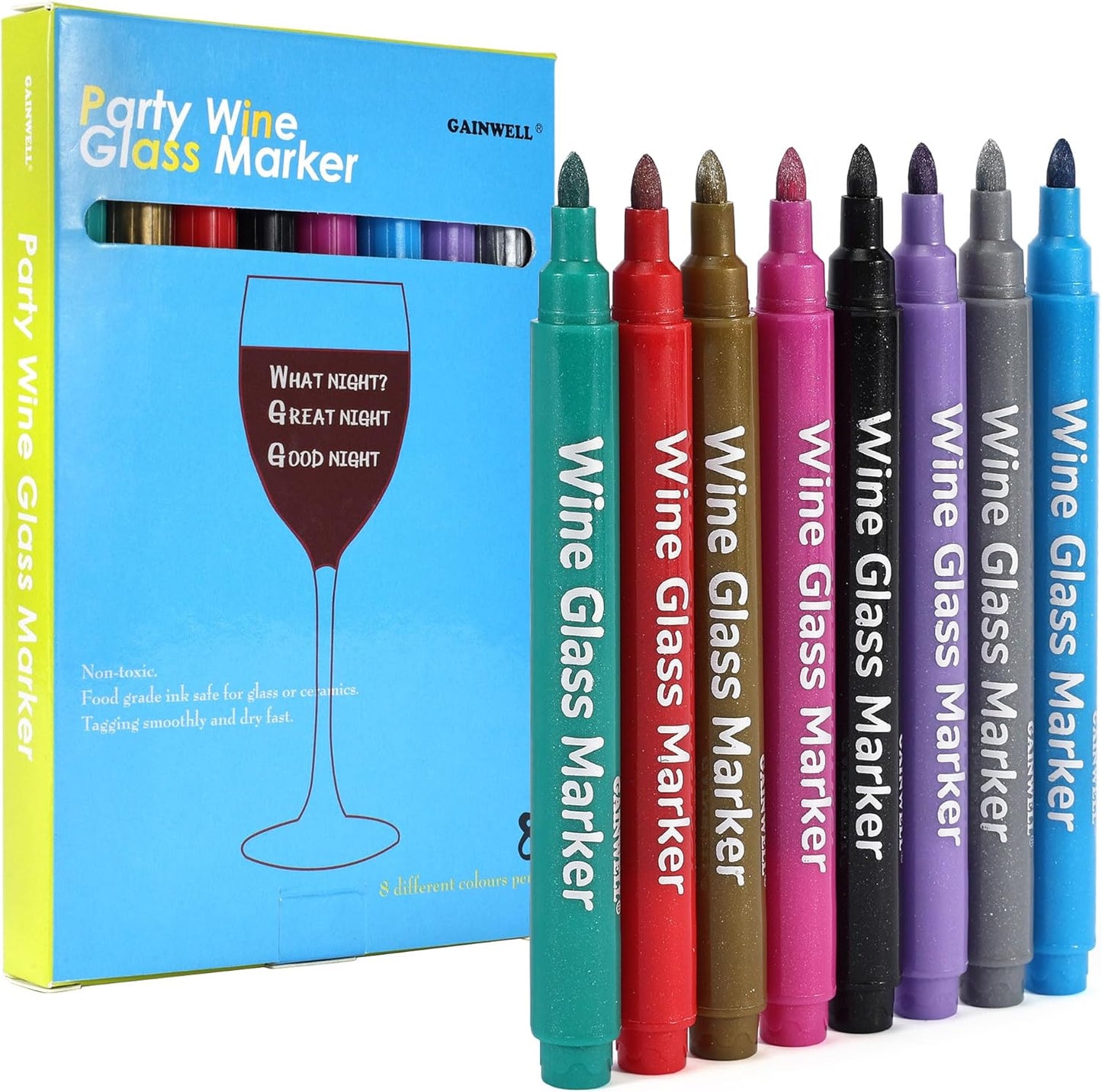 Metallic Wine Glass Markers 8Pcs, Non-Toxic, Food-Safe, Dishwasher-Safe, Wine Glass Marker Pens for Ceramic Plates, Parties & Weddings