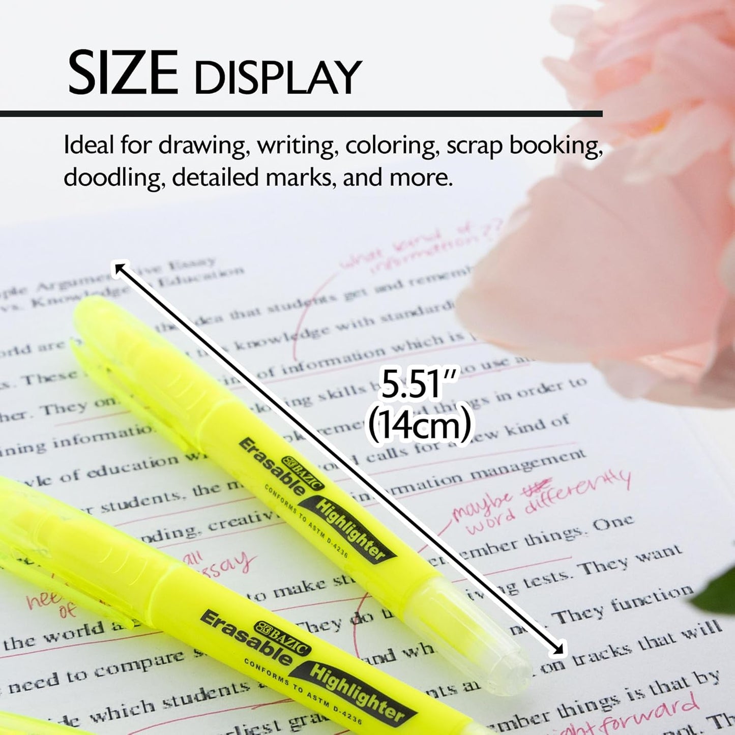 BAZIC Erasable Highlighter, Chisel Broad Line Fine Point Highlighters, Unscented Assorted Color Highlighting Coloring Erase Marker (3/Pack), 24-Packs
