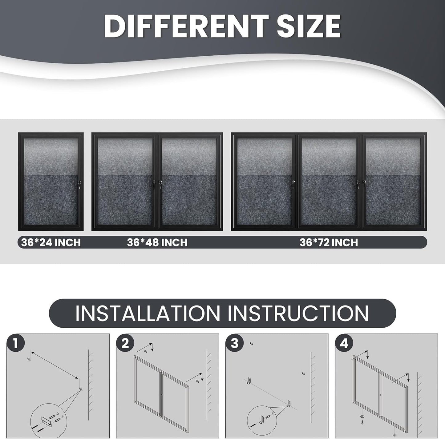 48"x36" Lockable Enclosed Bulletin Board, Outdoor Flet Weather-Resistant Aluminum Frame Notice Board, Wall Mounted Display Case Acrylic Doors for School,Office,Black Frame w/Grey Flet